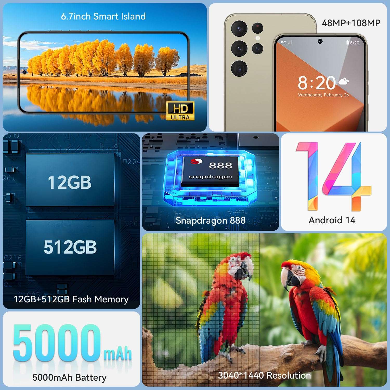 E24 Ultra Unlocked Phones with 5000mAh Battery,Android 14 Mobile Phone,Snapdragon 888 Smartphone Phone,12GB RAM+512GB ROM,48MP+108MP Camera, 3040 * 1440 HD 6.8'' Screen /5G/Dual SIM/GPS/WiFi,Grey 4