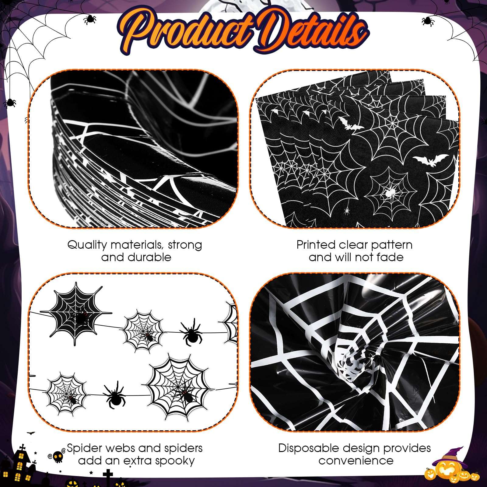 Mimorou 214 Pieces Halloween Party Tableware Set Spider Web Plates Cups Table covers Banner Party Decorations for Birthdays Happy Halloween Eve Decor Themed Cocktail Party Home Decoration 5