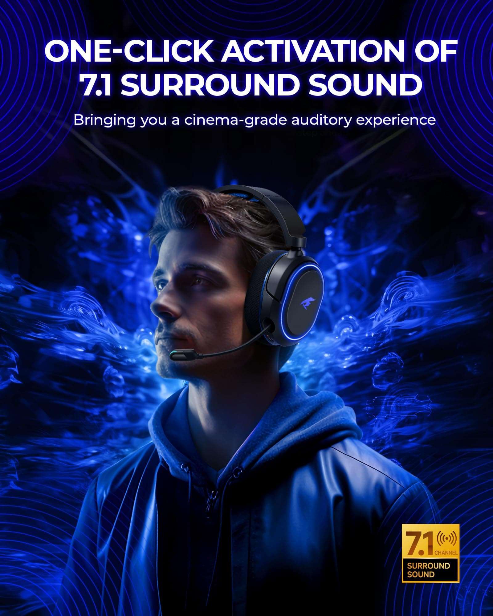 Wireless Gaming Headset, 7.1 Surround Sound, 2.4GHz USB Gaming Headphones with Bluetooth 5.4, 100H Battery, ENC Noise Canceling Mic, RGB Light, Wireless Headset for PC PS5 PS4 Mac Switch (Black-Blue) 3