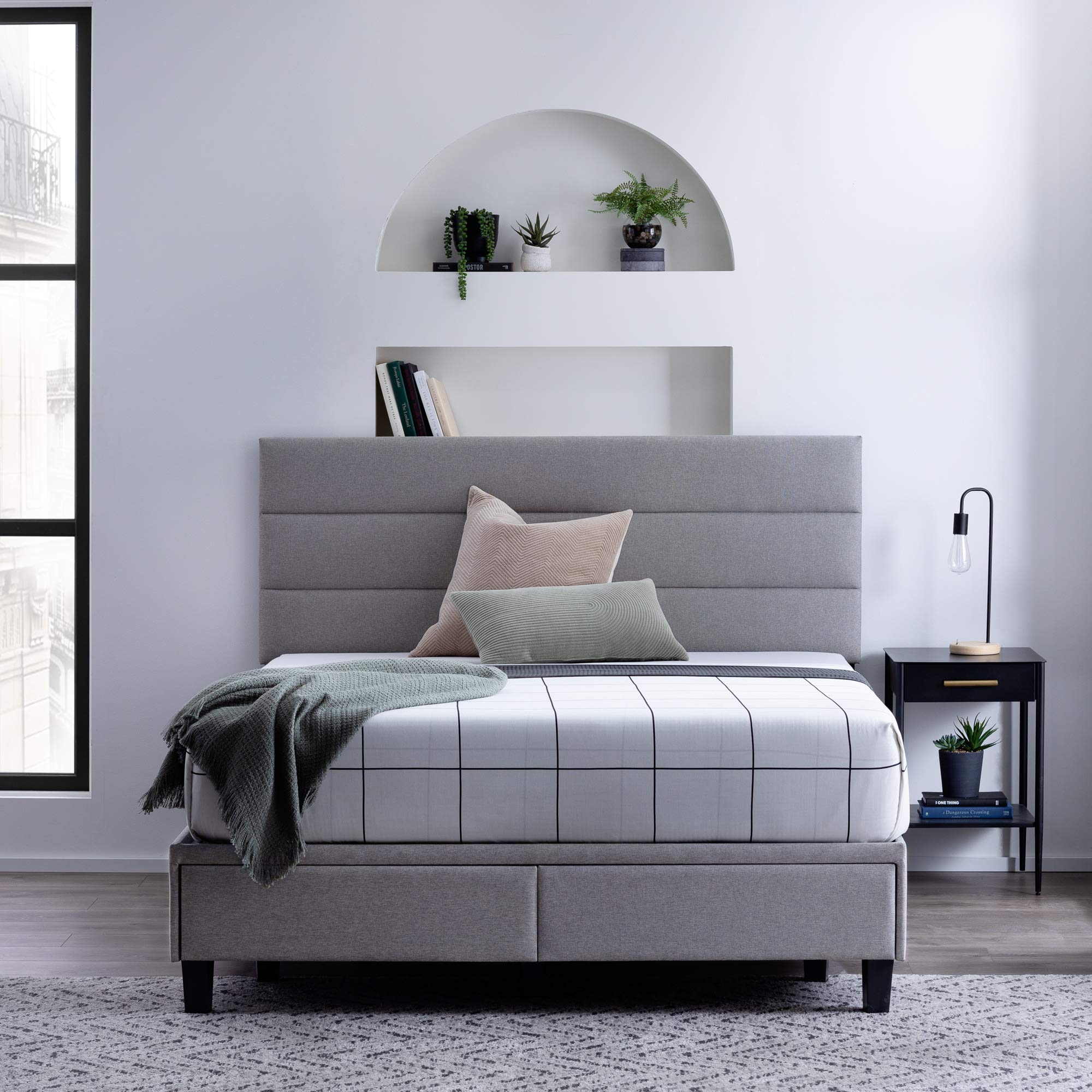 Edenbrook Johnson Upholstered Bed with Built-in Drawers-Modern Channel Tufted Headboard-Easy Assembly-Queen, Stone