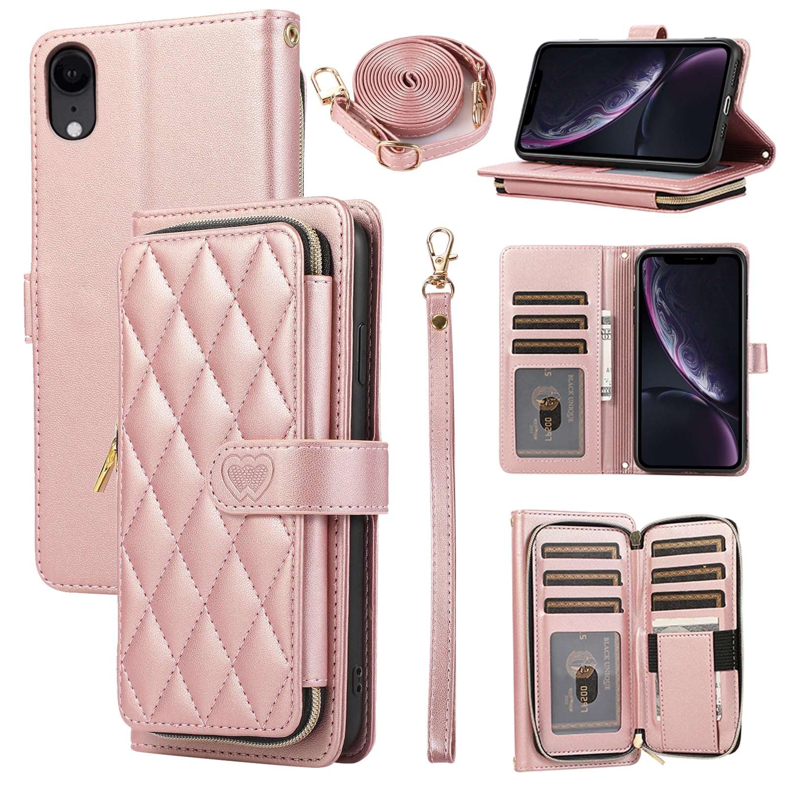 Furiet Argyle Wallet Case for iPhone XR 6.1 with Wrist Strap Shoulder Strap Card Slot Zipper Purse PU Leather Stand Phone Cover for iPhoneXR iPhone10R i Phonex 10XR 10R RX CR iPhoneXRcases Rose Gold 1