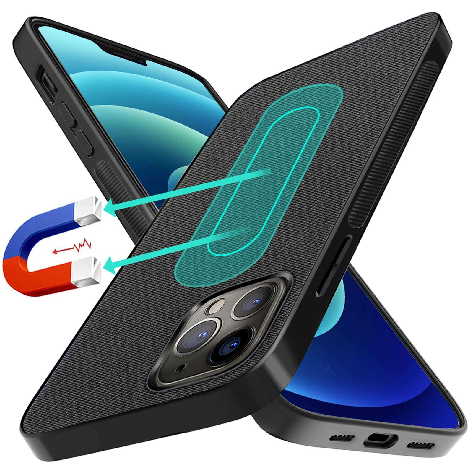 UNIOTEK Magnetic Case Compatible with iPhone 11 Pro Max,[Invisible Metal Plate Support Magnetic Car Mount][Soft Silicone Bumper&Fabric Texture Back] Shockproof Ultra Slim Protective Cover-Black 1