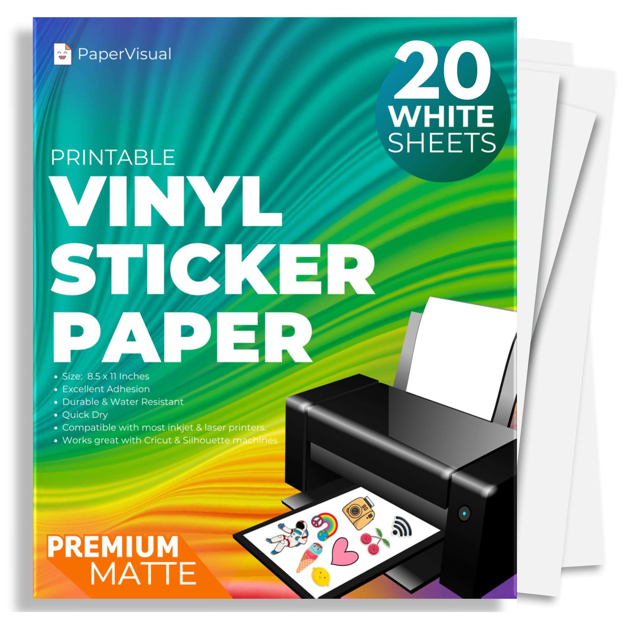 Premium Printable Vinyl Sticker Paper for Inkjet and Laser Printer - 20 White Matte Sticker Paper Waterproof - Excellent Adhesion Paper 8.5 x 11, Fast Dry, Holds Ink Well, Great for Cutting Machines 1