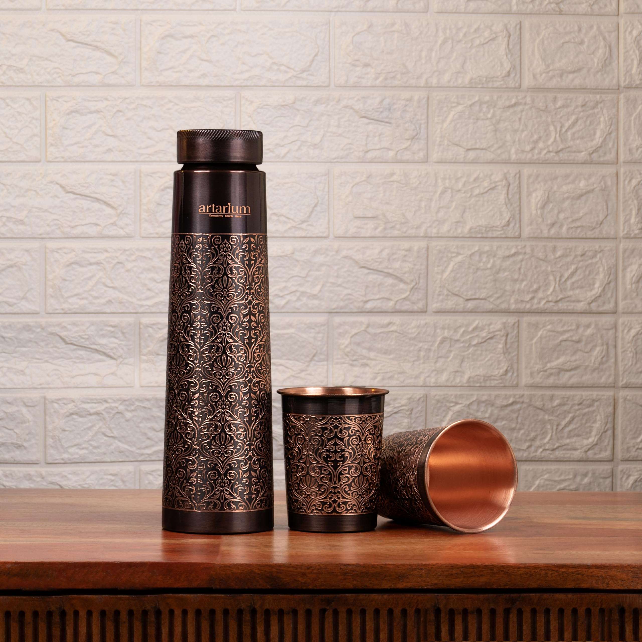 Artarium Classic Etching Copper Bottle with Two Cups Copper Bottle & Cup Set with Intricate Etching Eco-Friendly & Stylish (1 Litre) 3
