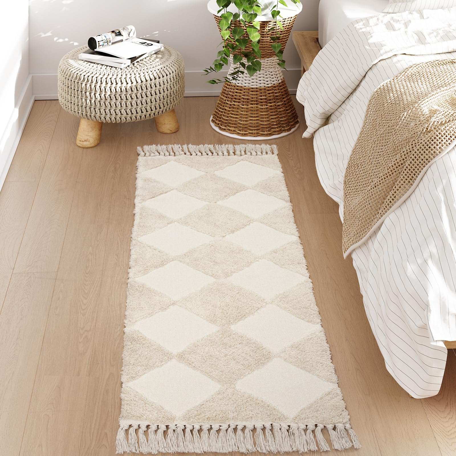 Collive Checkered Boho Runner 2x6, Modern Washable Bedside Rug, Cotton Hand-Woven Nursery Beige Kitchen Hallway Runner for Bedroom, Bathroom, Entryway, Laundry