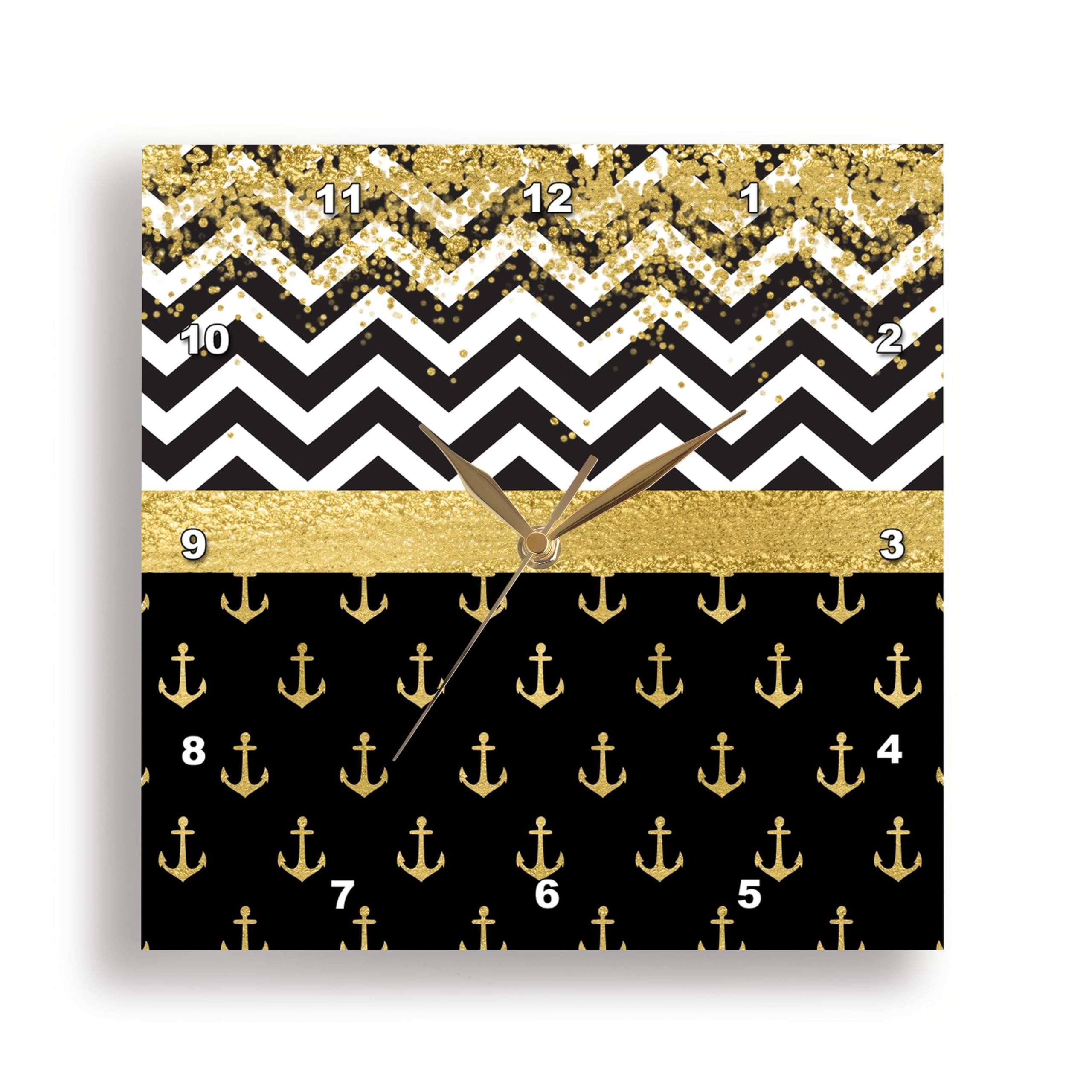 3dRose Wall Clock Silent - 10 inch - Image of Glam Black, White, Gold Faux Glitter Chevron Stripes, Sailing Anchors - Patterns 1