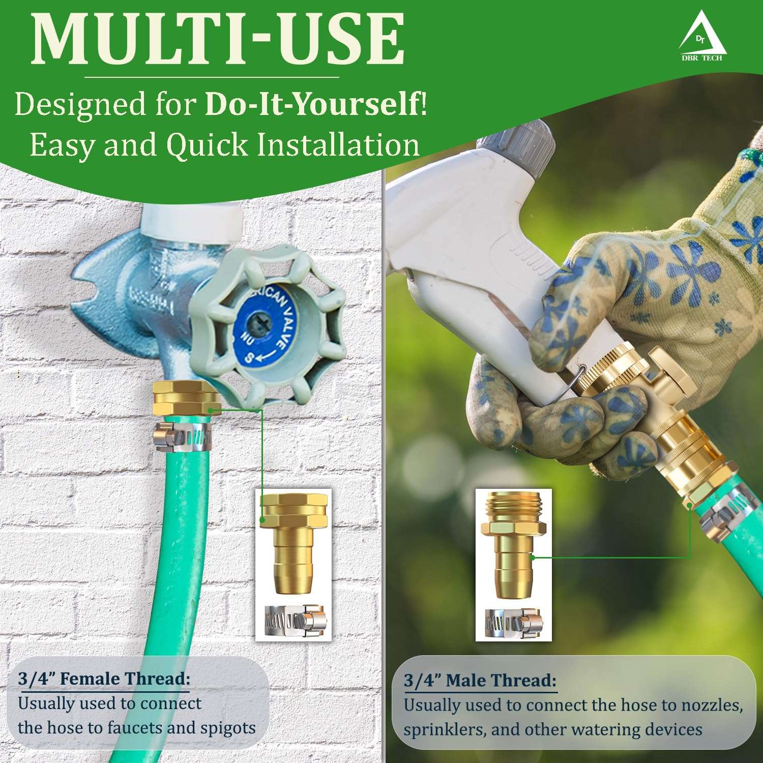 DBR Tech® Garden Hose Repair Kit 5/8” & 3/4" | Heavy Duty Leak-Proof Metal Hose Mender & Connector Set | Male & Female Fittings to Fix Water Hose Ends and Replacement, 2 Set 4