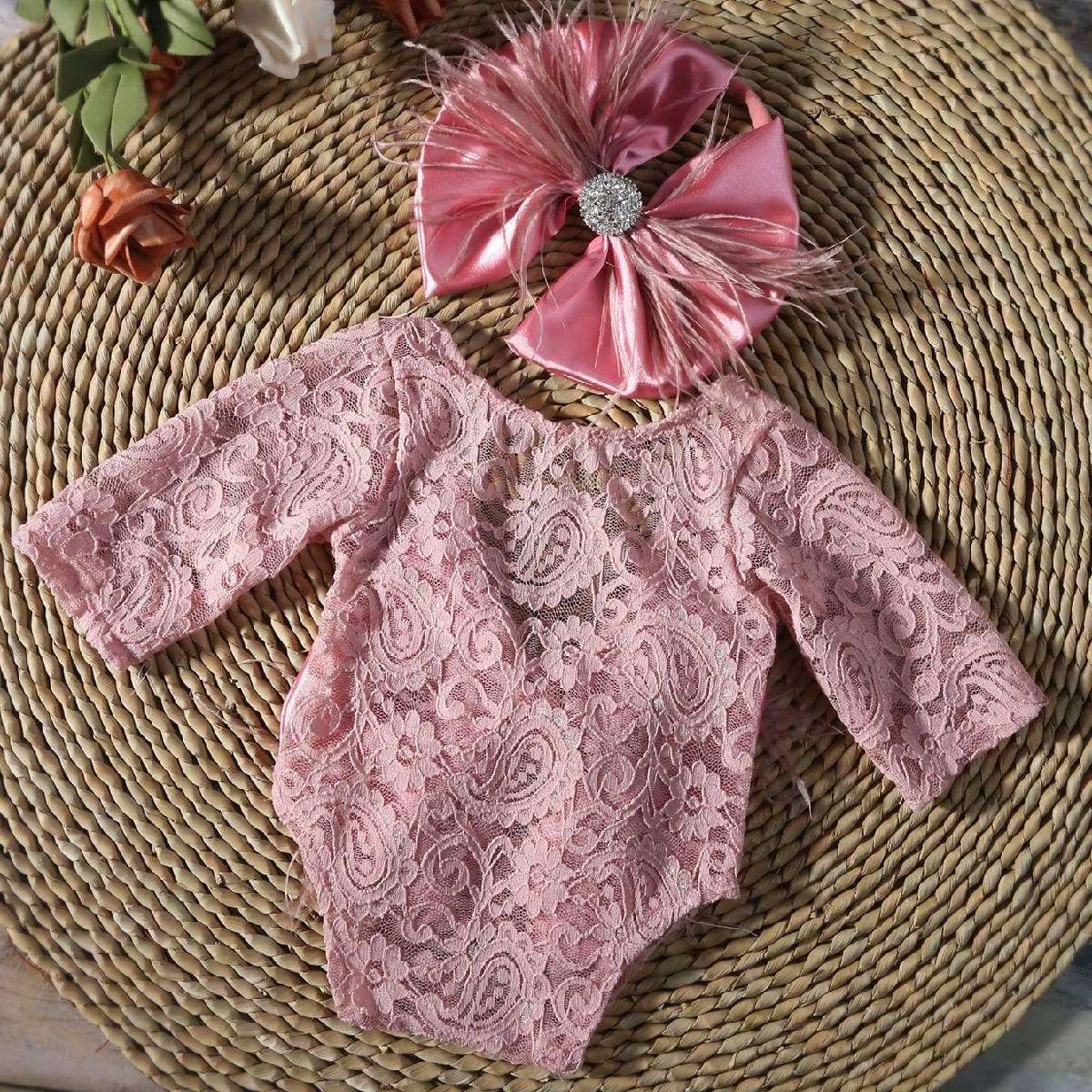 Newborn Photography Props, Infant Girl Photoshoot Lace Romper & Bow Headband Outfit, Cute Baby Photo Props for Newborns (Dusty Pink) 5