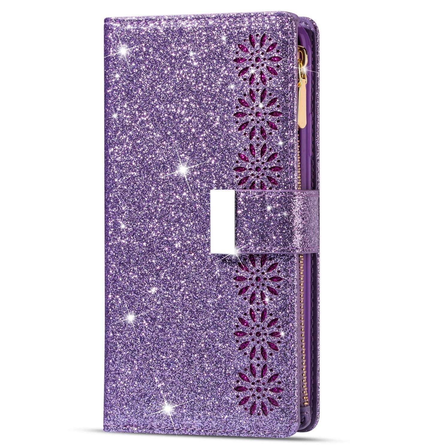 Galaxy S21 Ultra Case, Zipper Flip Case for Samsung Galaxy S21 Ultra 6.8 inch 5G Bumper Cover, Anti Resistant Wrist Strap TPU Wallet, Shockproof Galaxy Bling Phone Case for Women Girls (Purple) 1