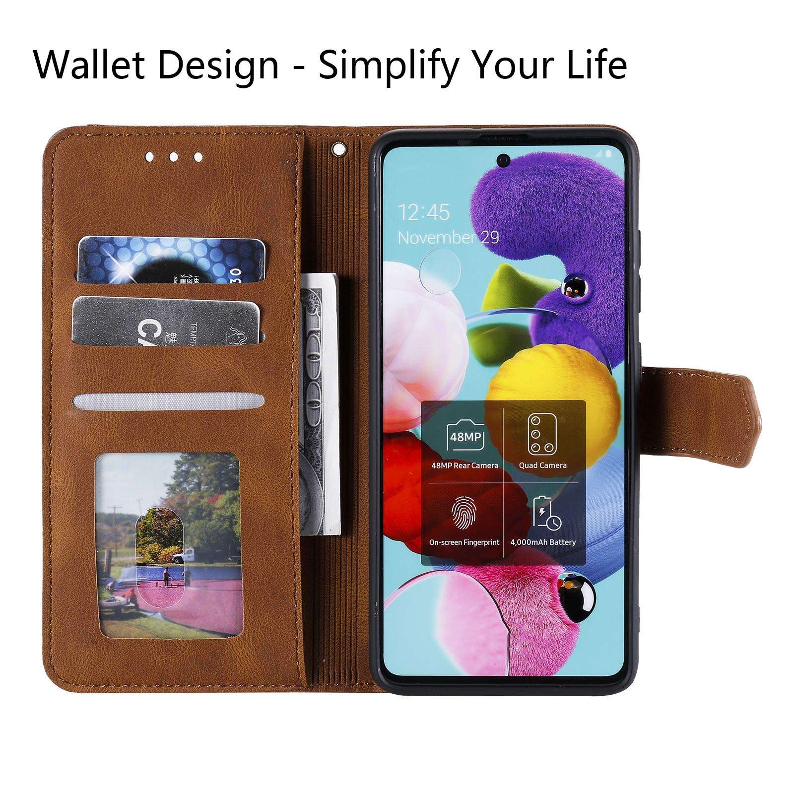 EYZUTAK Splicing PU Leather Case for Samsung Galaxy A51, Retro Vintage Durable Full Protection Premium Flip Folio Wallet Cover with Magnetic Closure Kickstand Card Slots - Brown 3