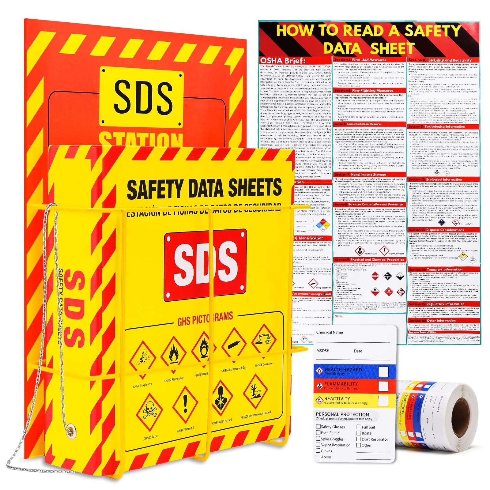 MSDS SDS Binder and Wall Station,Yellow Heavy Duty 3 Inch Material Safety Data Sheet 3 Ring Binder with SDS Wire Rack and Display Sign, Chain,Mounting Hardware,Safety Posters,MSDS Labels 1