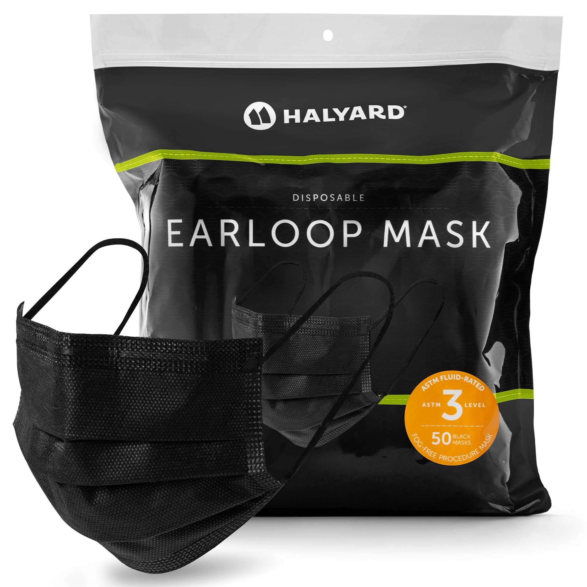HALYARD Disposable Face Mask with Earloops, Fog-Free, Pleat Style, ASTM LEVEL 3 Procedure Mask, Healthcare, Medical, Dental – Black 49514 Bag of 50 1