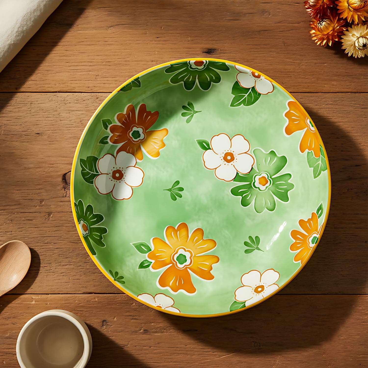 Lemon Tree Snack Serving Plate 20 cm Round Ceramic Deep Salad, Pasta Plate | Dinner Plates for Kitchen Microwave, Dishwasher & Oven Safe (Green) 3