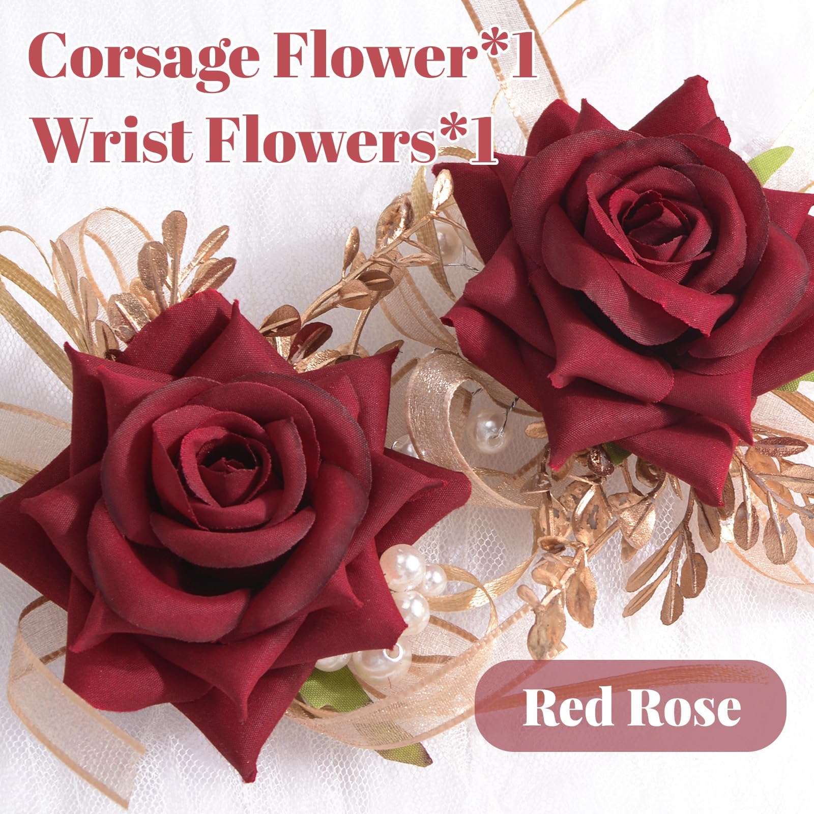 URROMA Wrist Corsage Boutonniere Set, 2Pcs Red Rose and Yellow Ribbon Artificial Corsage Flower Bracelet Prom Party Homecoming Wristband Flowers 4