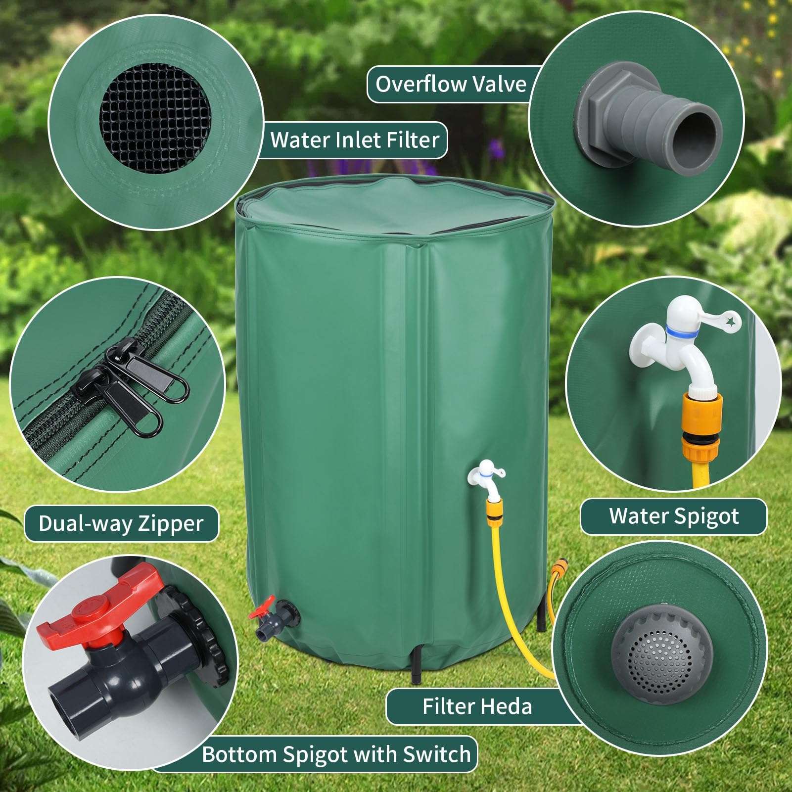 100 Gallon Collapsible Rain Barrel, Foldable Water Storage Tank with Leak-Proof, Dual Spigots, Mesh Top, Water Catcher Container for Gardens Lawns, Rain Barrel Water Collection System 100 Gallon 6
