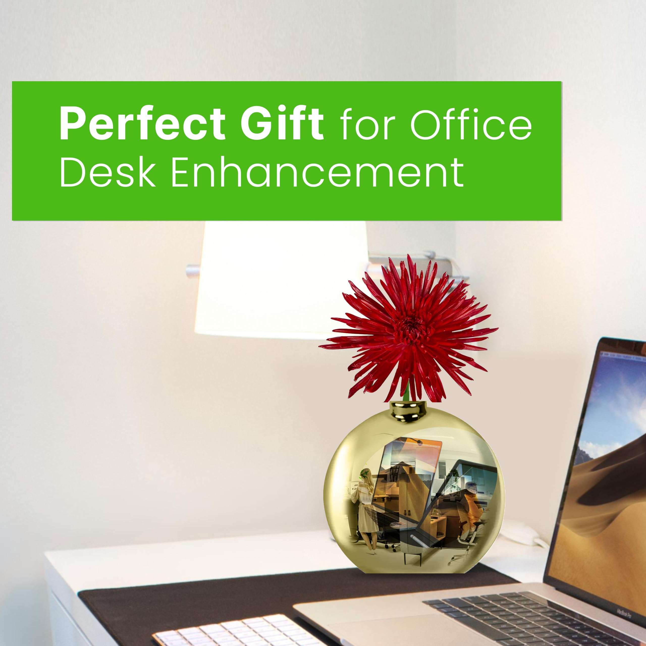 TidyFriend Convex Mirror Vase Gold Cubicle Decorations with Flower - 4" x 4" Cubicle Mirror, Desk Mirror to See Behind You - Aesthetic Office Cubicle Accessories, Office Cubicle Decor Organizer 3