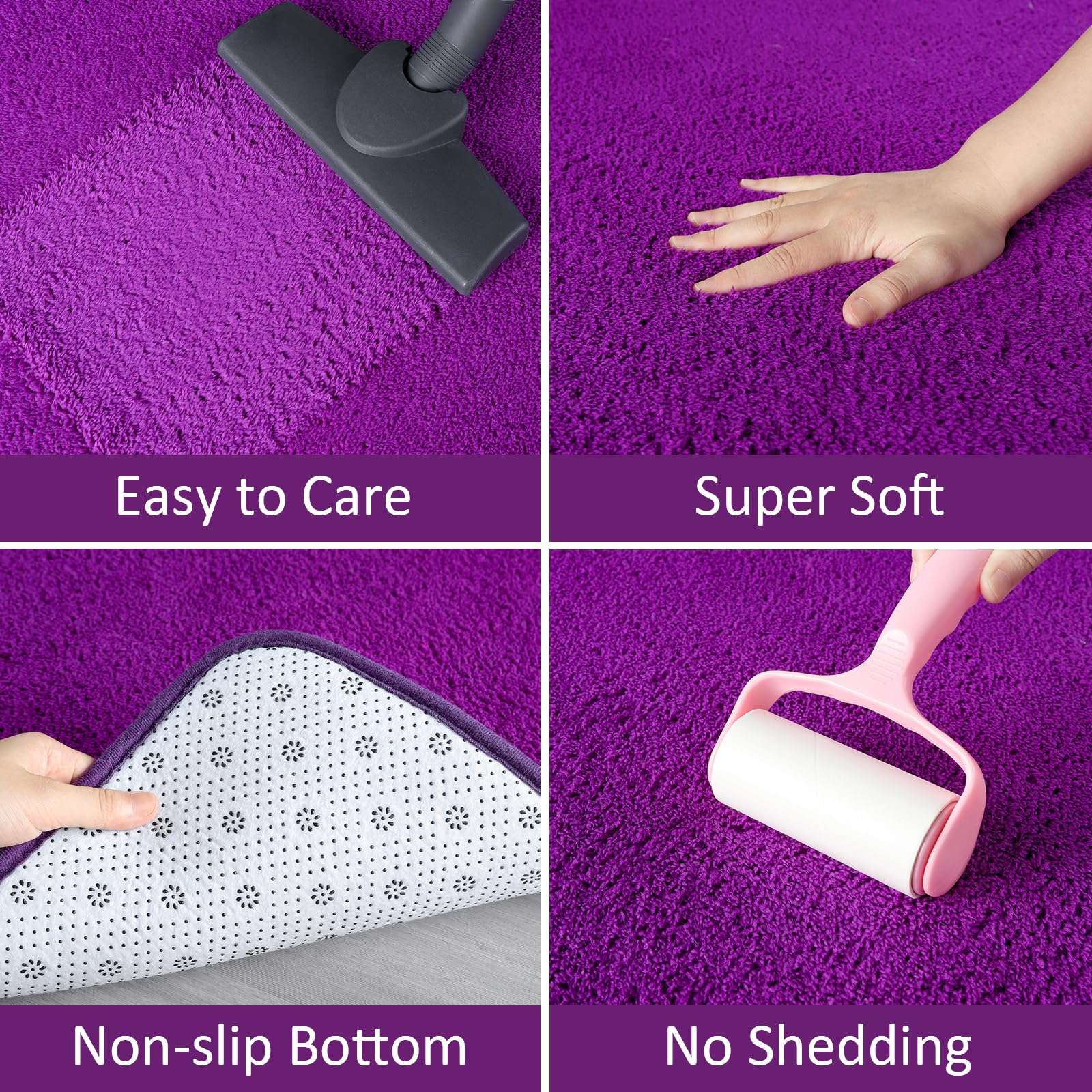 AROGAN Modern Shag Area Rug for Bedroom, 4x6 Feet Washable Rugs for Living Room, Indoor Floor Carpet Rugs, Plush Memory Foam Bedside Rugs for Kids Girls Teens Room Low Pile Rug Decor, Purple 6