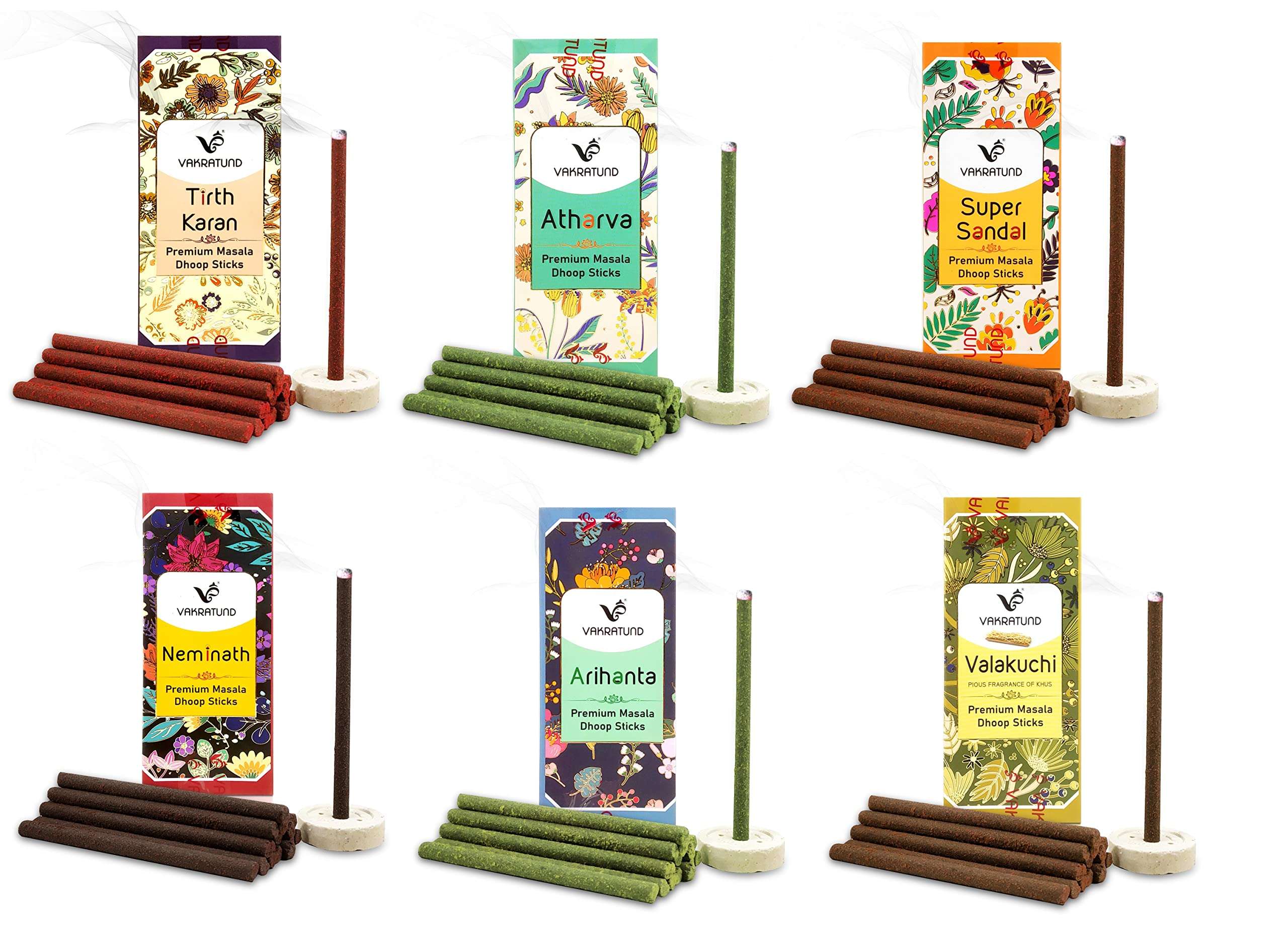 Airtick Box Pack of 6 (18 Sticks Per Box) Vakratund Multi-Fragrance Premium Masala Dhoop Incense Sticks for Aroma & Smoke, Home Temple Worship, Peace & Harmony, Purification, Positive Energy 1