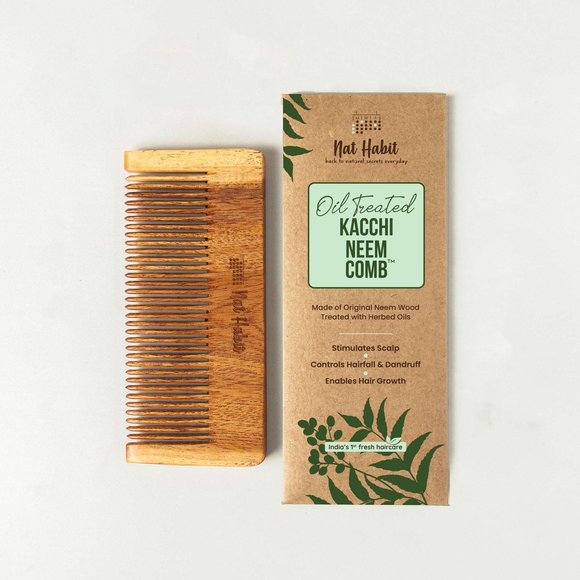 Nat Habit Kacchi Neem Wooden Comb, Soaked In 13 Herbs, Neem & Sesame Oil For Men & Women Daily Styling & Detangling (Fine Tooth Small Size) Pack of 1 1
