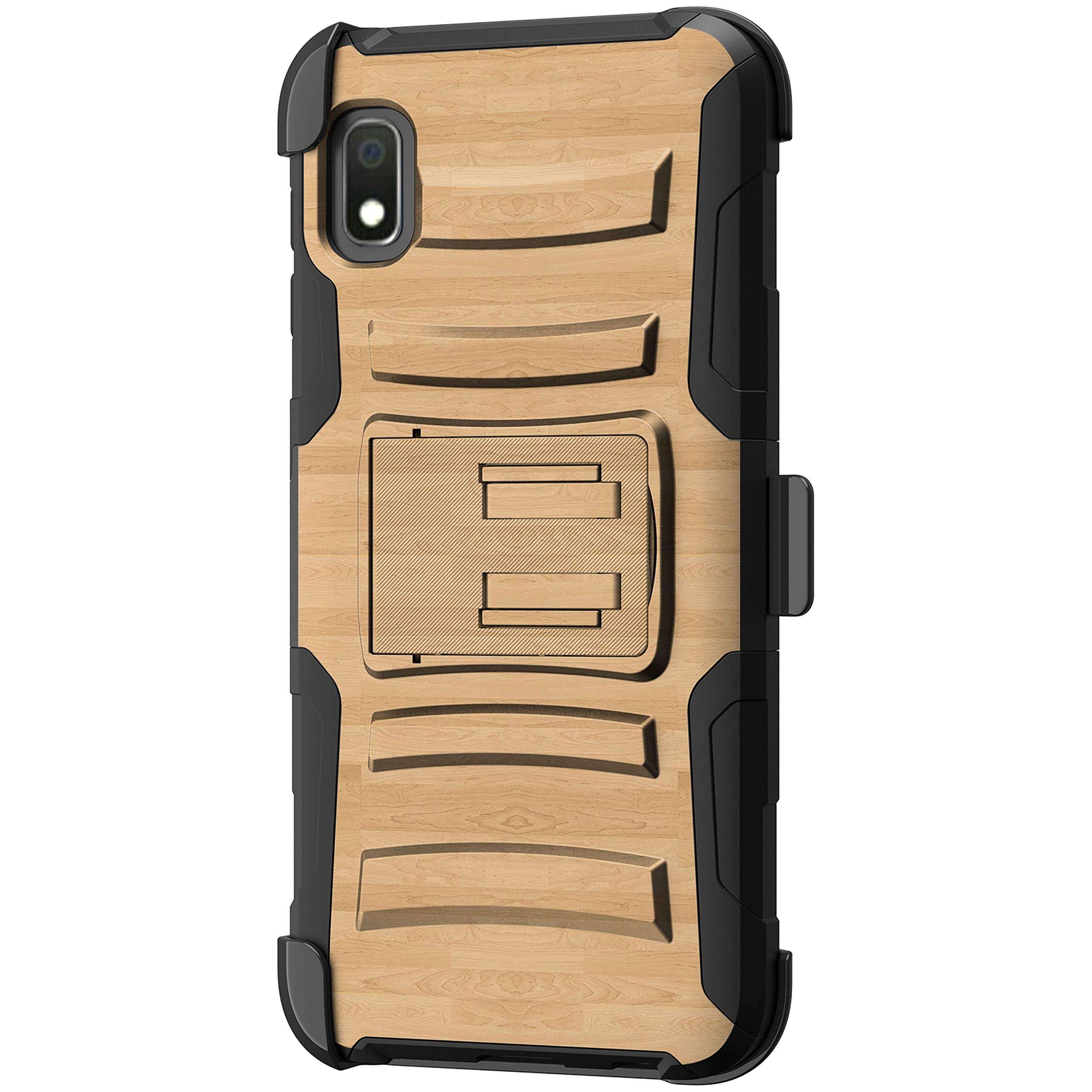 TurtleArmor | Compatible with Samsung Galaxy A10e Case | Galaxy A20e Case [Hyper Shock] Hybrid Dual Layer Armor Holster Belt Clip Case Kickstand - Maple Wood 1