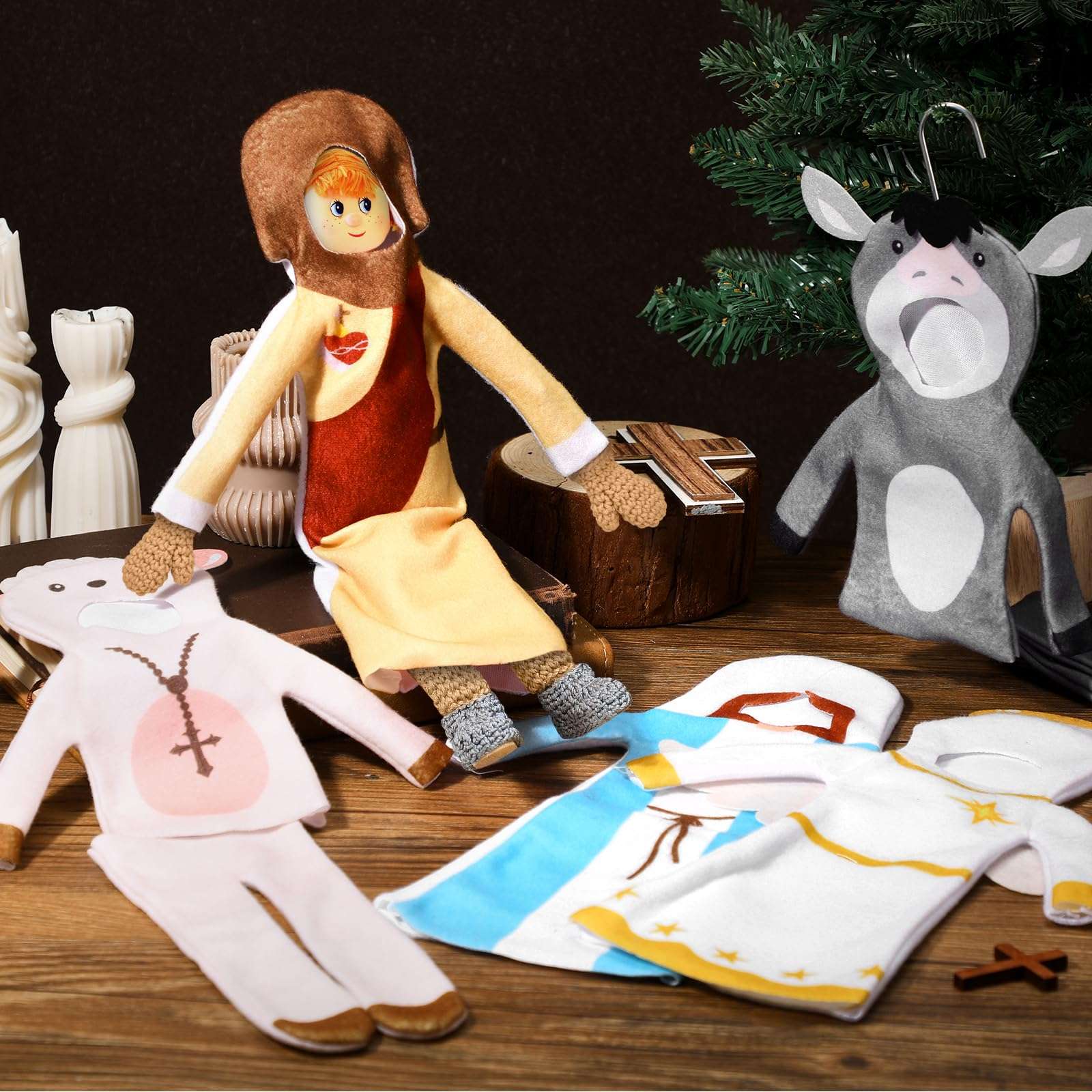 HooLing 5 Set Christmas Clothes Nativity Theme Doll Costume Accessories Angels Priests Nuns Sheep Donkeys Christmas Tree Doll Clothing Holiday Outfits for Christmas Party Decorations 3