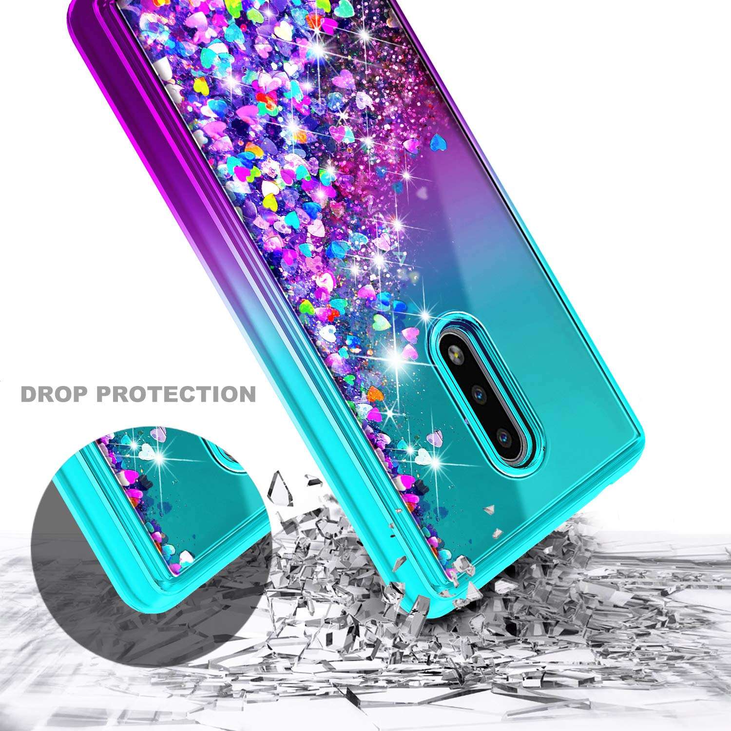 NZND Case for Nokia C2 Tava/Nokia C2 Tennen (Cricket Wireless) with Tempered Glass Screen Protector (Full Coverage), Glitter Liquid Floating Waterfall Durable Girls Cute Phone Case Cover -Aqua/Purple 4