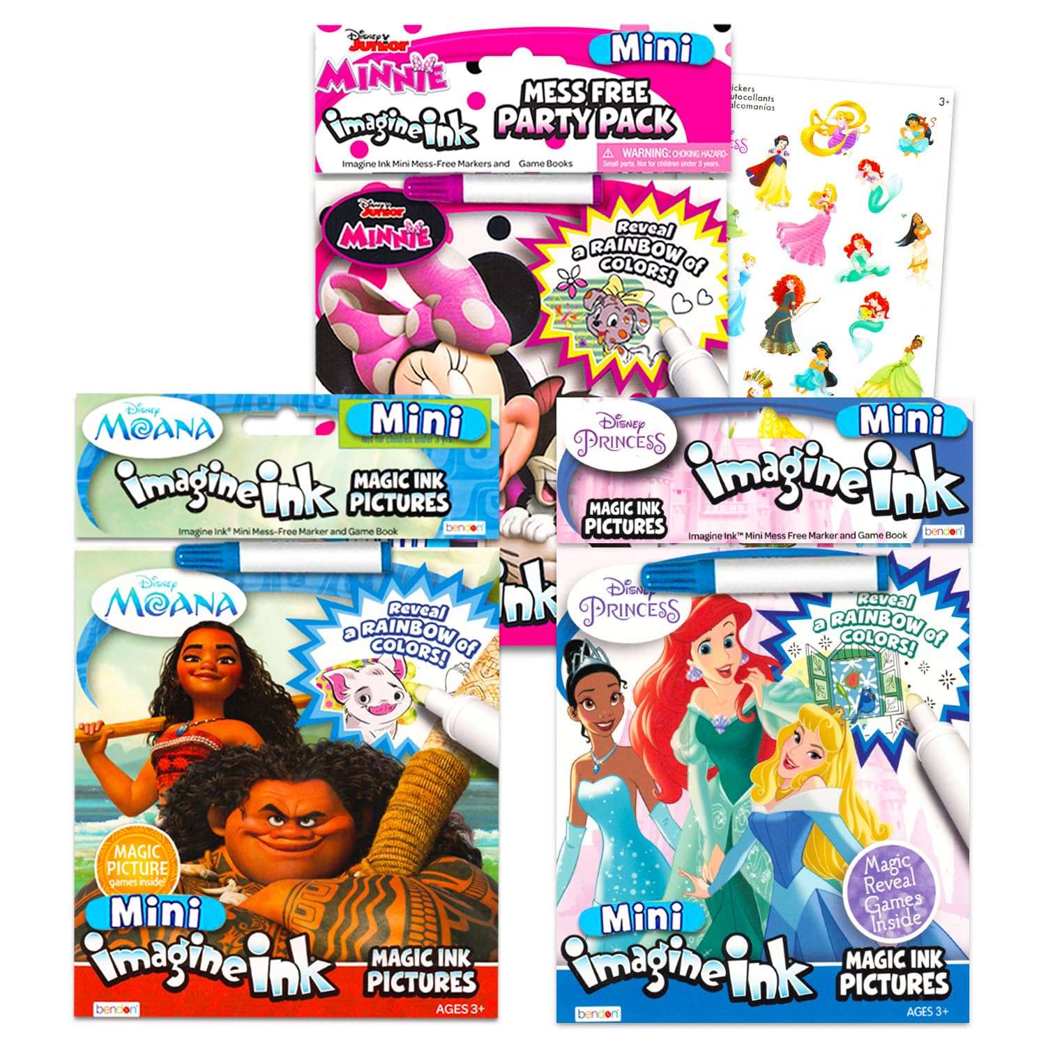 Disney Princess Magic Ink Coloring Book Set - Bundle with 3 Imagine Ink Books for Girls Kids Toddlers Featuring Disney Princess, Moana, and Minnie Mouse with Invisible Ink Pen and Stickers 1