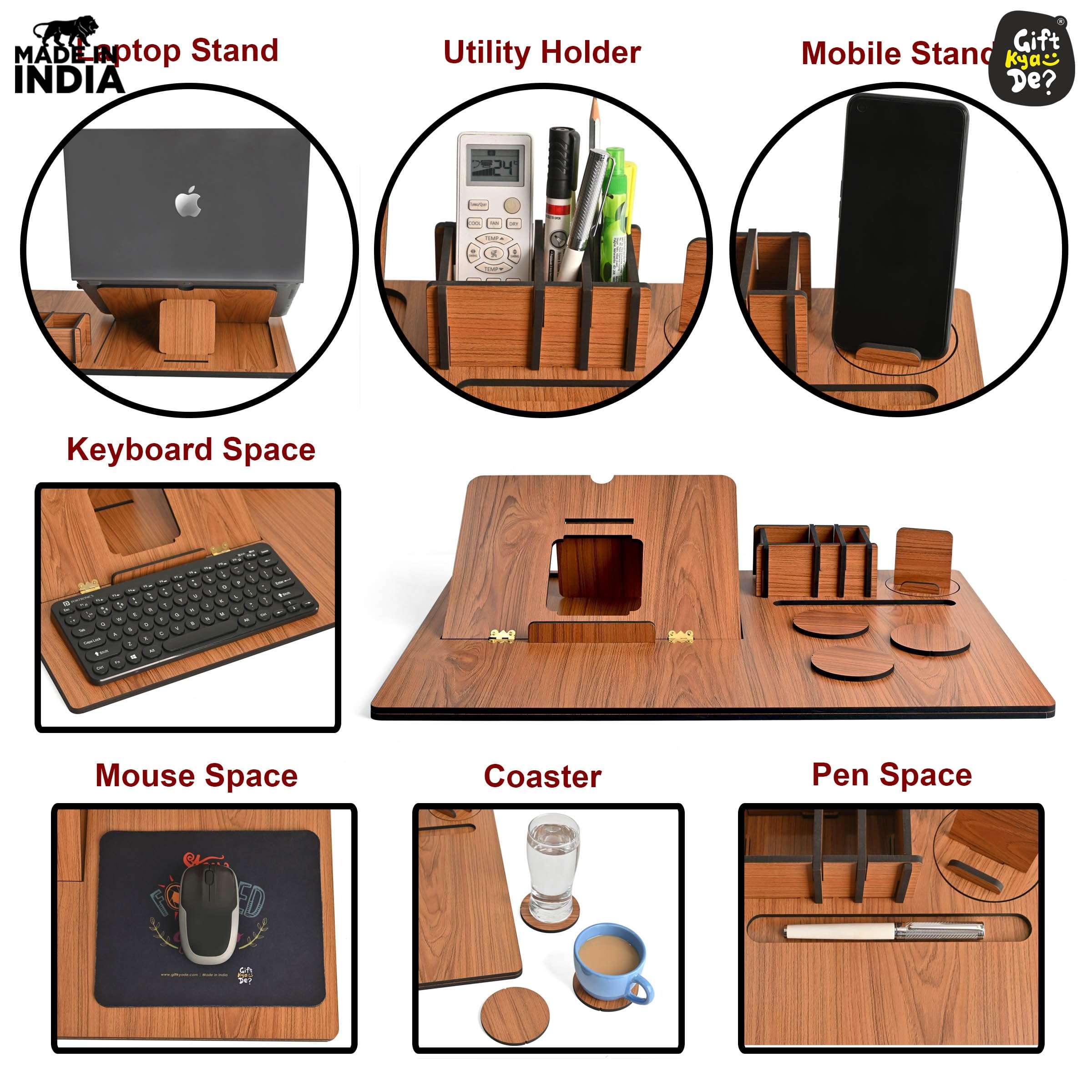 GKD Lapdesks Premium All-in-one Table top for Laptop Stand with Cooling pad Keyboard and Mouse pad Mobile Stand Stationary Desk Organizers and Coaster Set (All in One - Dark Wood) 2