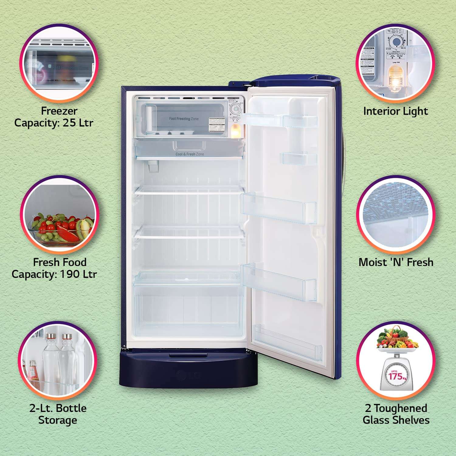 LG 215L 3 Star Direct-Cool Single Door Refrigerator (GL-D221ABCD, Blue Charm, Base stand with drawer) 3