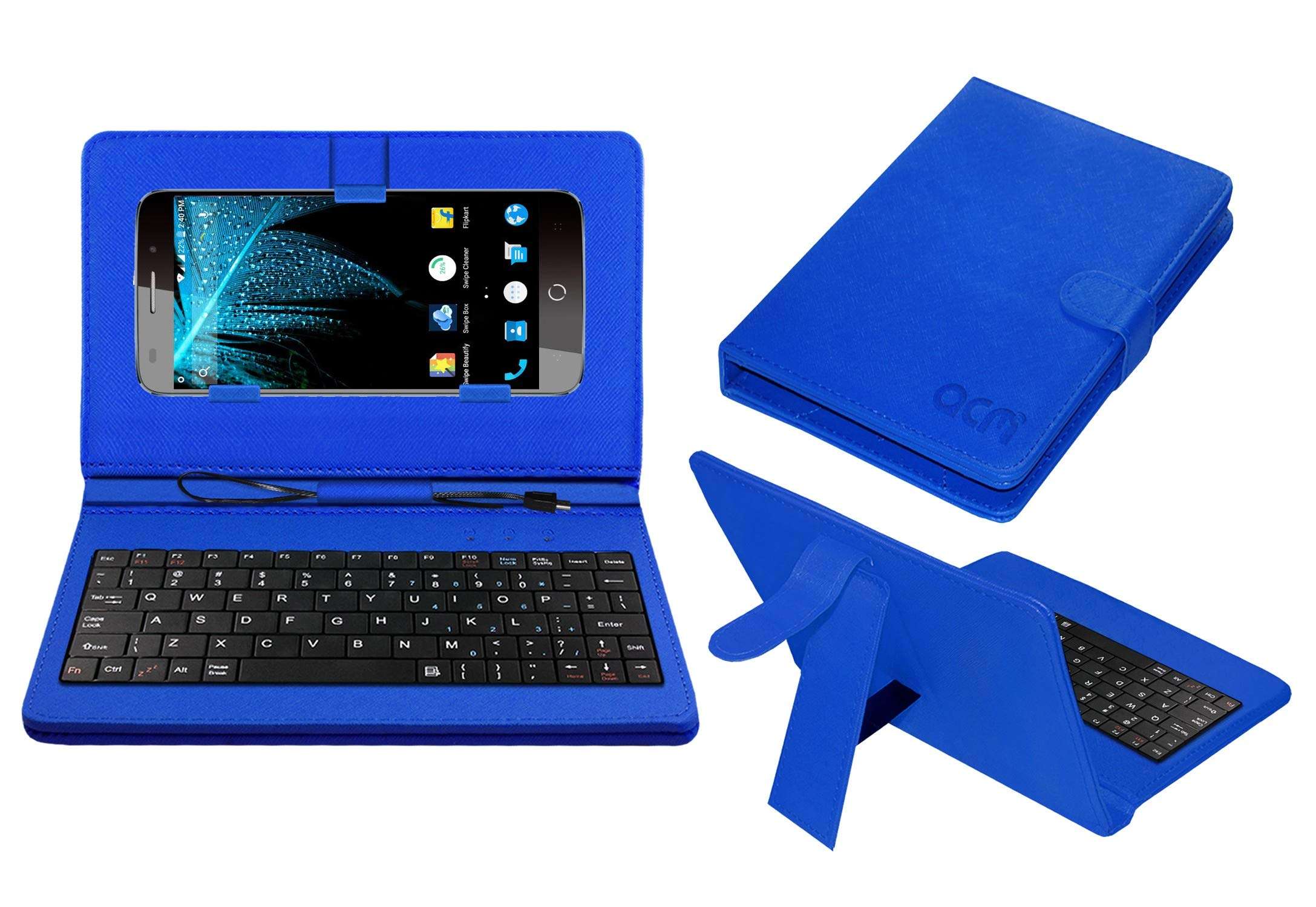 ACM Keyboard Case Compatible with Swipe Elite Plus Mobile Flip Cover Stand Plug & Play Device for Study & Gaming Blue