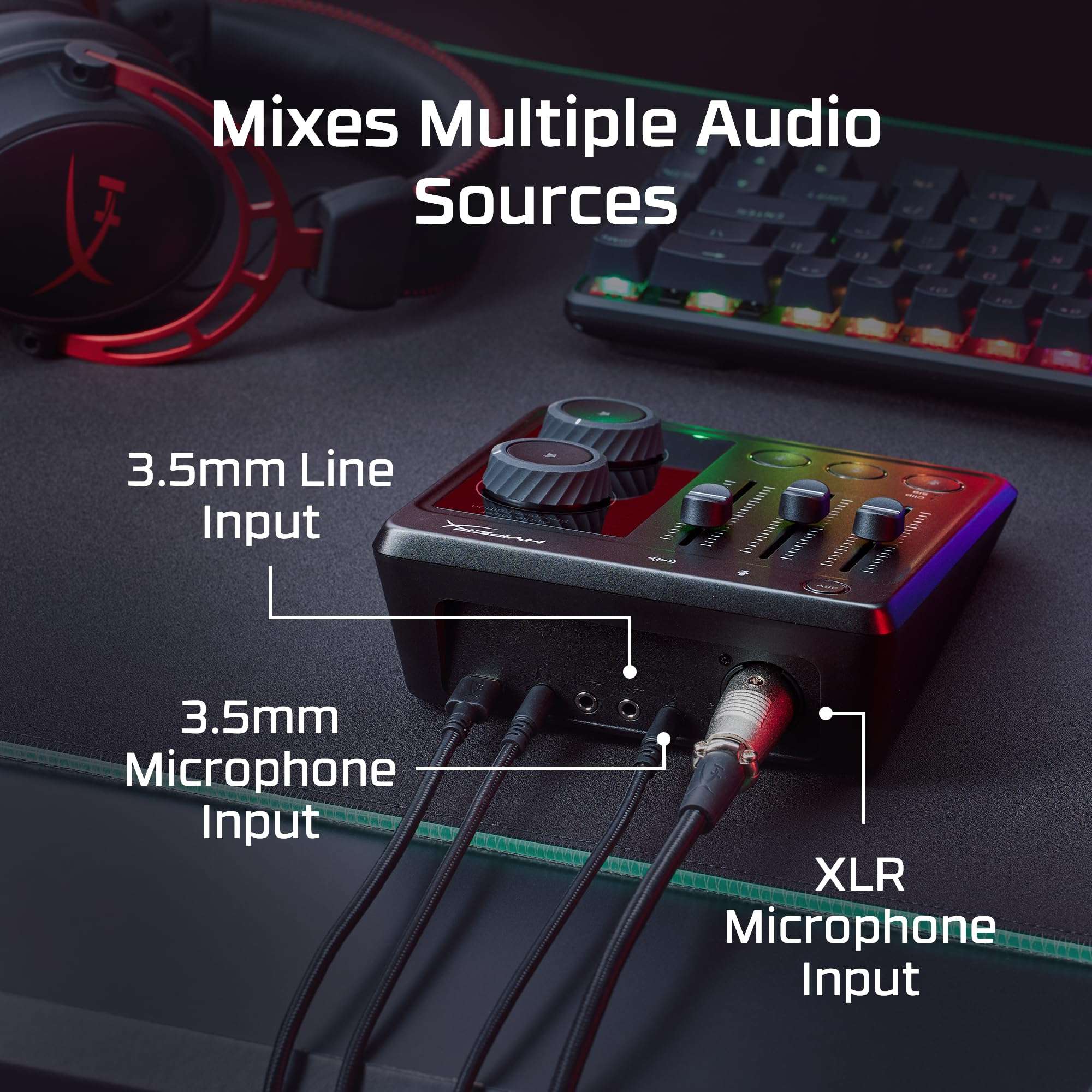 HyperX Audio Mixer,Simple,Intuitive Controls, HyperX XLR Cable, USB-C to USB-A Cable, 3.5mm Stereo Cable 3