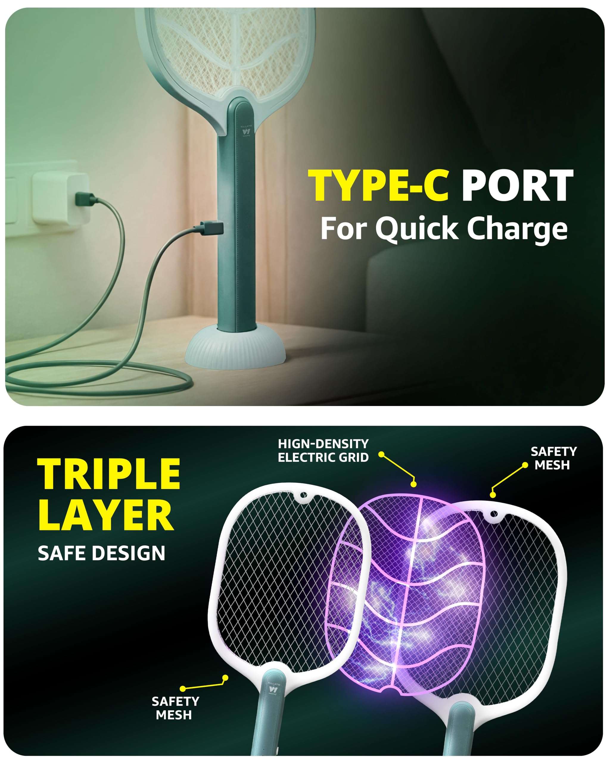 Weird Wolf 2 in 1 Mosquito Killer Racket with UV Light | Manual & Auto Kill Modes | Rechargeable Lithium Battery | Type-C USB Charging | Electric Mosquito Bat with Base Stand | 6 Months Warranty 5
