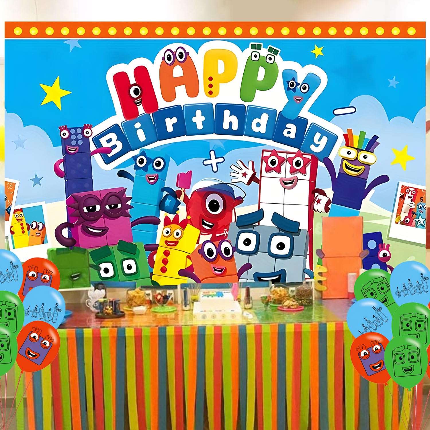 Number Birthday Party Decoration,Block Party Photo Background 5 x 3 FT and 18 Pcs Balloon,Merch Party Backdrop Supplies 1