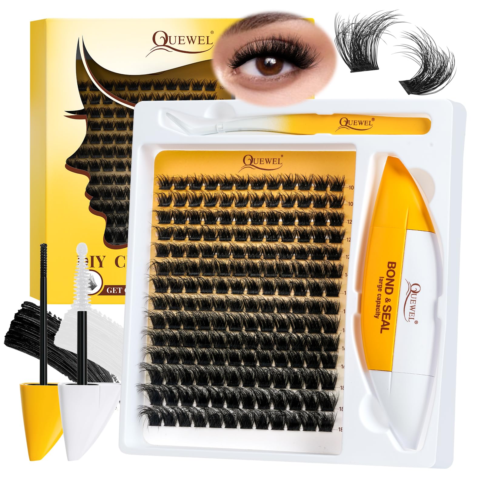 QUEWEL Lash Clusters Kit, Cluster Lashes Kit Includes 168 Pcs Lash Clusters with Large Capacity 16ml Bond and Seal, Lash Applicator Easy to Use for Beginners at Home (3D-MIX10-18 Kit)