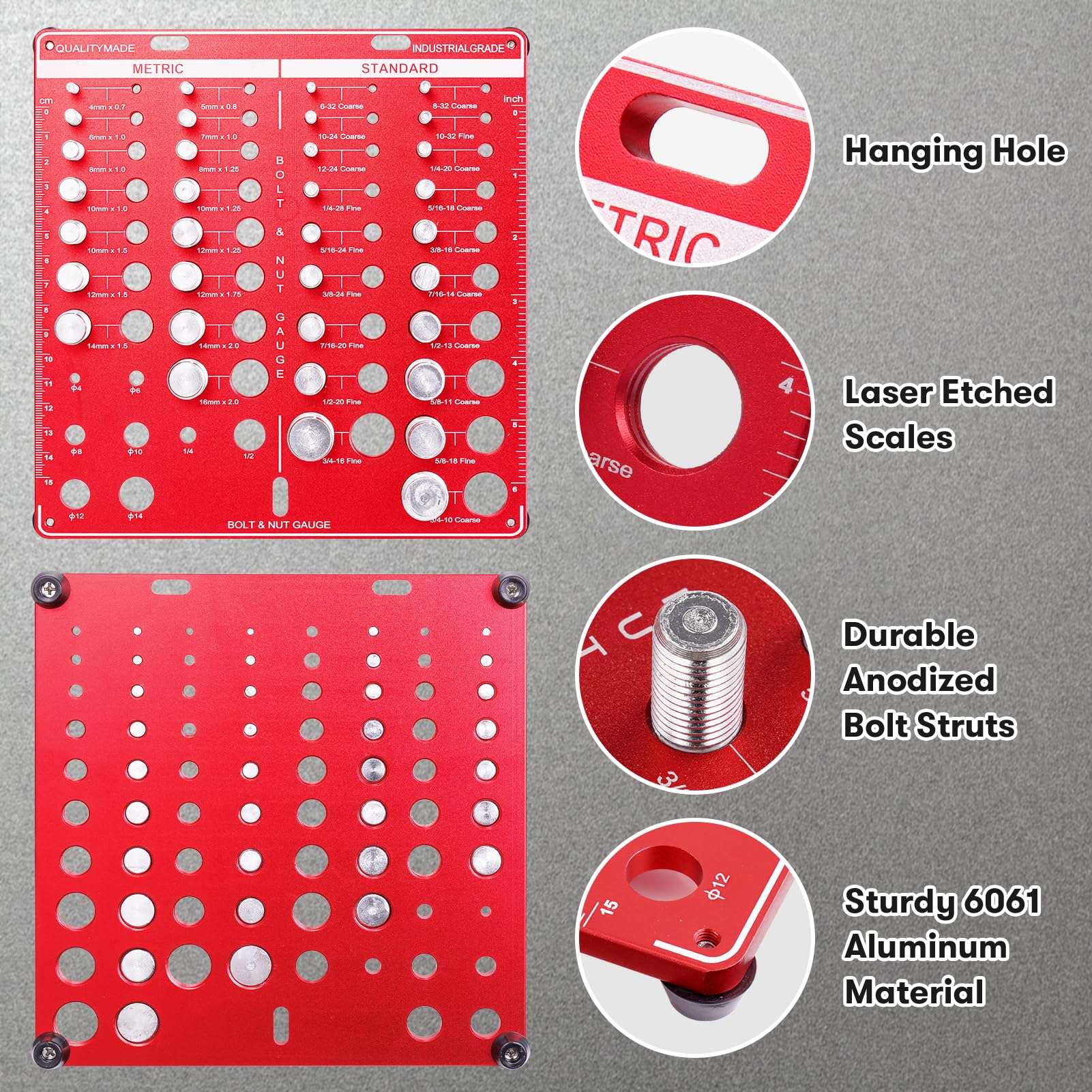 42 Nut and Bolt Thread Checker, Bolt Size and Thread Gauge Standard and Metric with 19 Standard & 15 Metric Bolt Identifying from #6 to 3/4" & 4mm to 16mm（Red 6