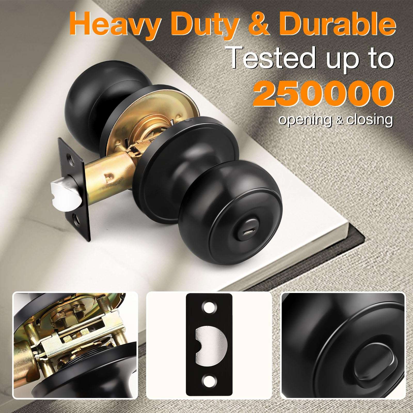 Black Matte Privacy Door Knobs for Bedroom/Bathroom/Interior Doors, Thumb Turn Locking Inside for Privacy Use, No Key, 10Pack, Flat Ball Shape 3