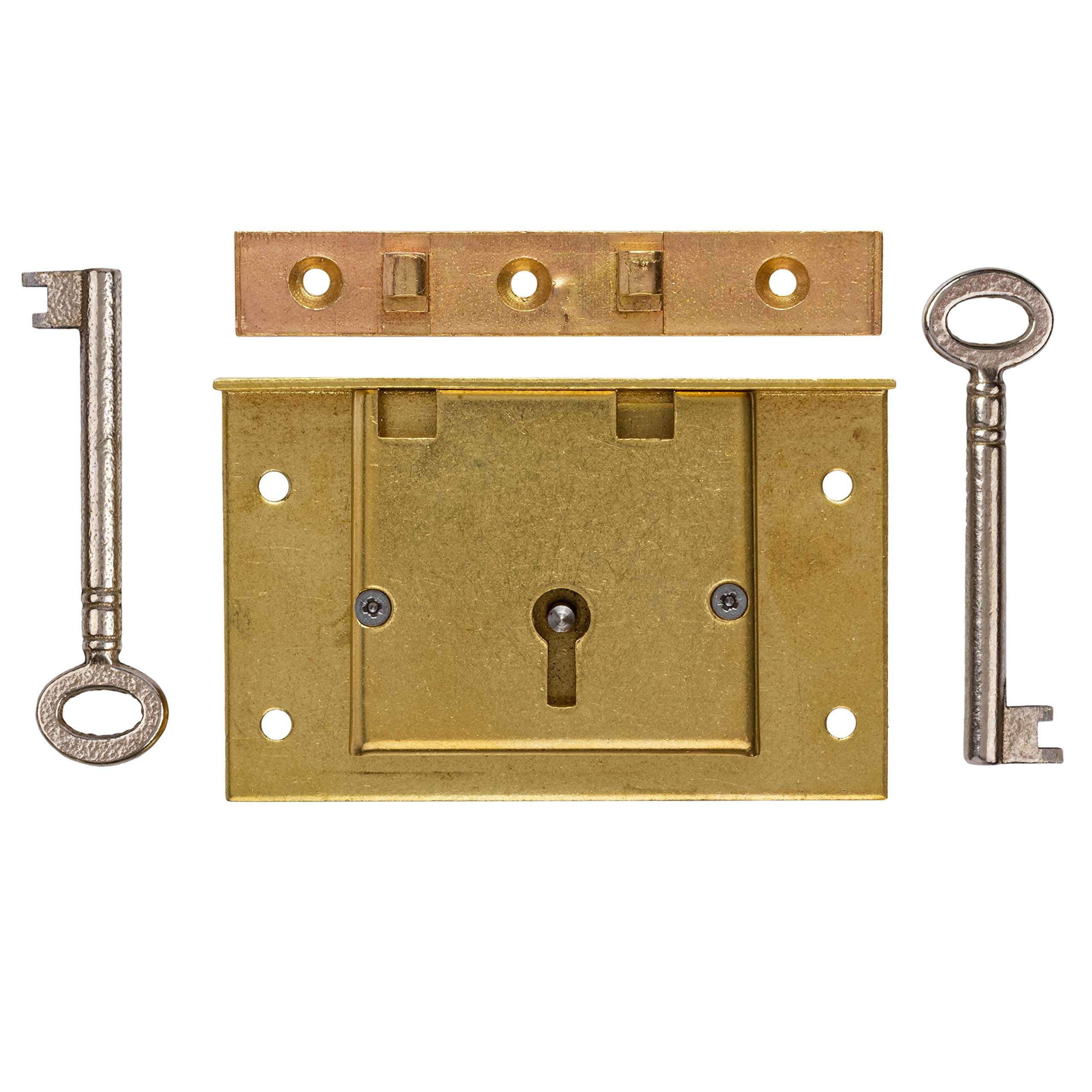 Large Brass Half Mortise Chest or Box Lid Lock w/Two Skeleton Keys | S-7E 1