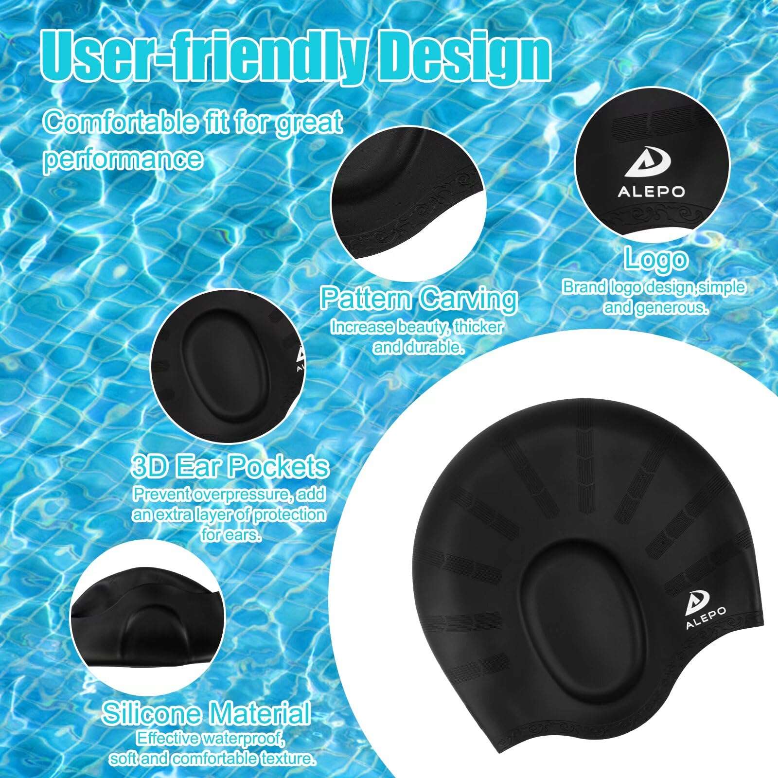 2 Pack Kids Swim Caps for Boys Girls, Durable Silicone Swimming Cap with 3D Ear Pockets for Age 3-15 Toddler Child Youth Teen, Unisex Swim Bath Hats for Short/Long Hair with Ear Plugs Nose Clip-2 5