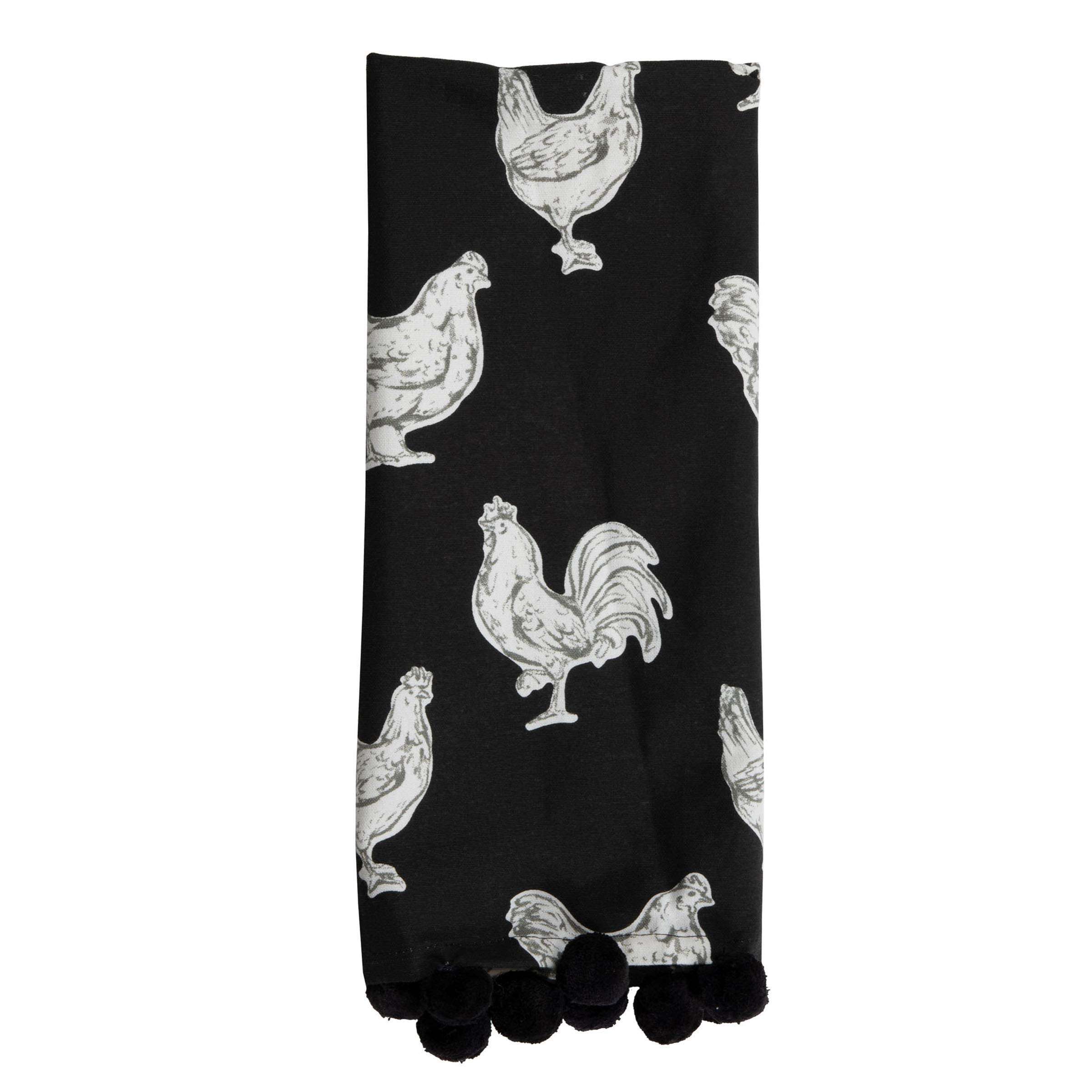 Foreside Home & Garden Black Tea Towel Chicken Pattern 27 x 18 Inch Woven Kitchen Hand Sewn Poms 1