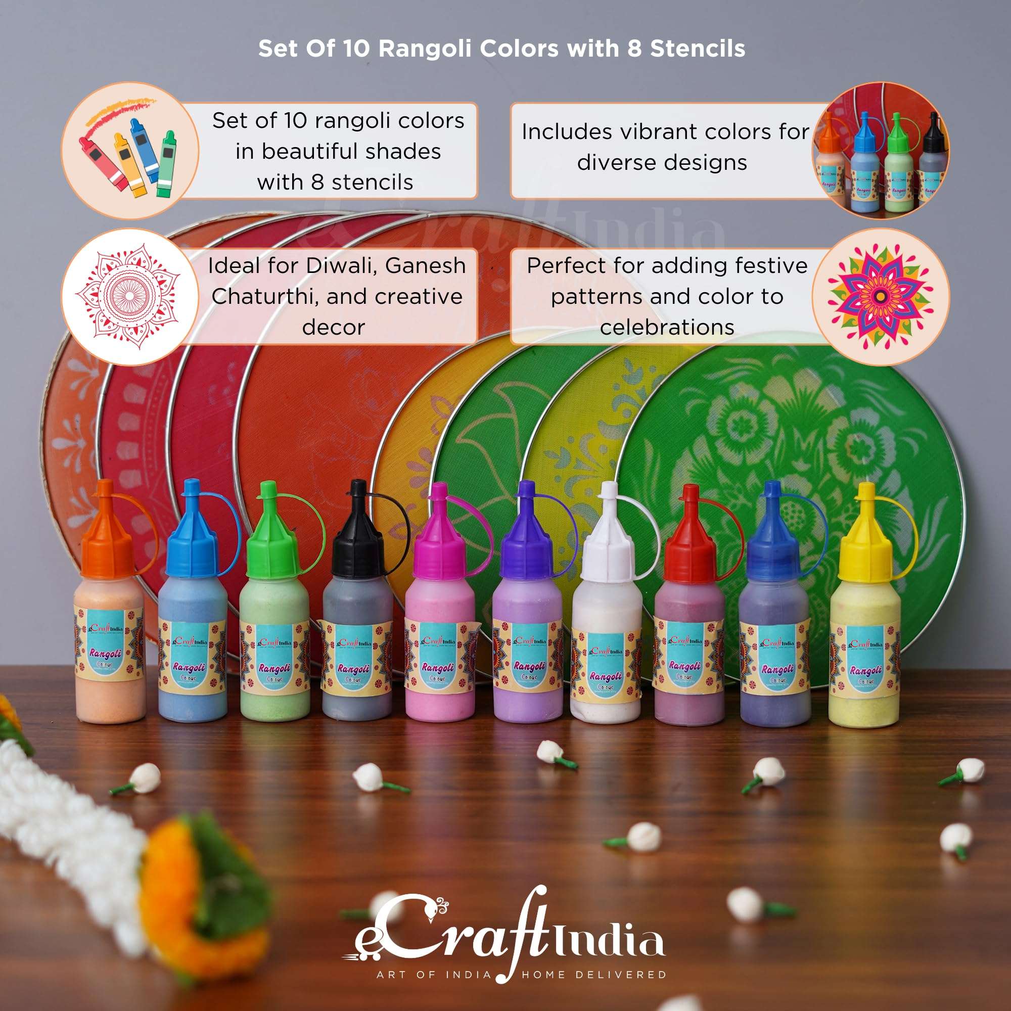 eCraftIndia Set of 8 Designer Diwali Rangoli Stencils Set- Stencils For Rangoli Design-4 Big Size 4 Small Size Stencils|10 Rangoli Colours Bottles-Rangoli Bottles Diwali Decoration Item for Home Decor 6