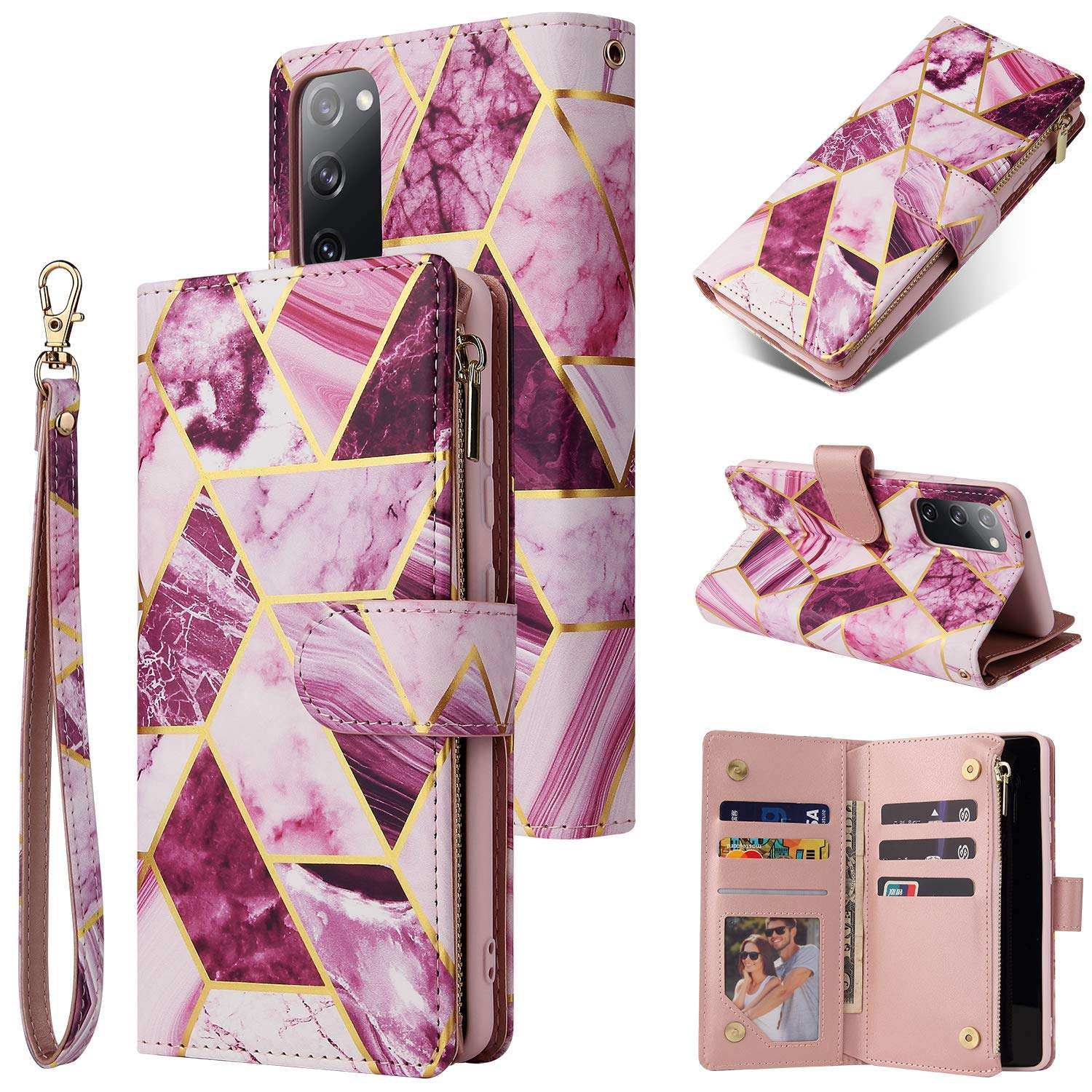 DEFBSC Zipper PU Marble Case for Samsung Galaxy S20 FE 5G,Wallet Case with Card Slots Wrist Strap, Magnetic Closure Kickstand Function Full-Body Protective Cover for S20 Fan Edition 5G 6.5"-Purple 1