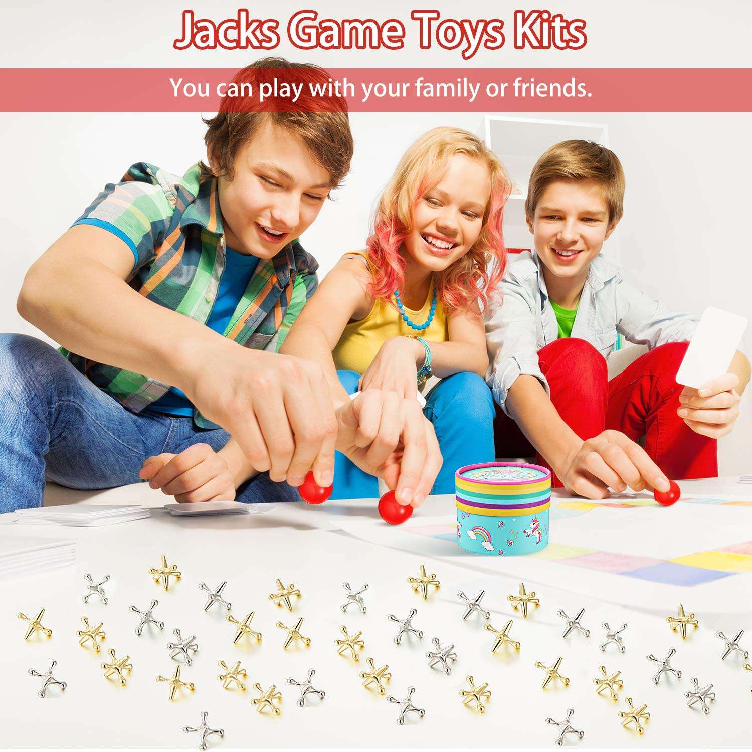 4 Set Joyful Jacks Game Set Include 4 Pieces Bouncy Rubber Balls 40 Pieces Classic Jack Stones Gold and Silver Metal Jacks and Instructions for Boys Girls and Adults 5