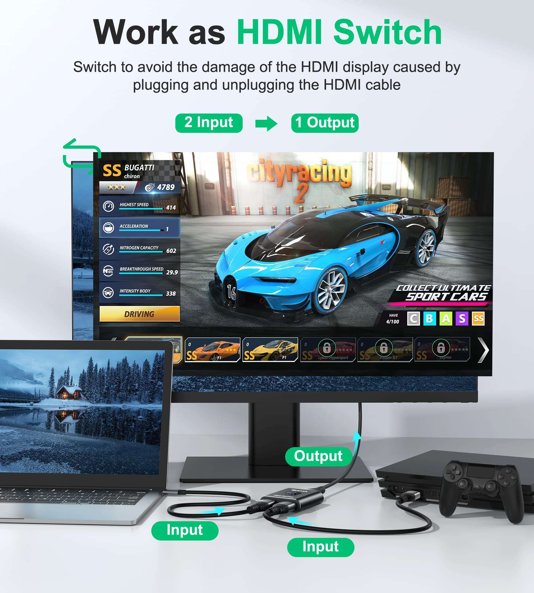 HDMI Switch 4k@60hz HDMI Splitter, GANA Aluminum Bidirectional HDMI Switcher 2 in 1 Out, Manual HDMI Hub Supports HD for Xbox PS5/4/3 Blu-Ray Player Fire Stick Roku (Support 1 Display at a Time) 3