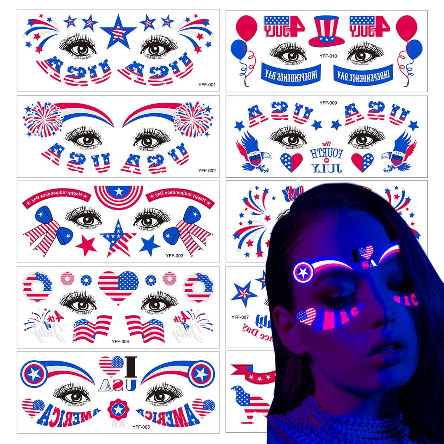 4th of July Tattoos Glow in The Dark Temporary Tattoos for Face Eyes Decoration American Flag Stickers Red White Blue Tattoo Decals for Adults and Teens 1