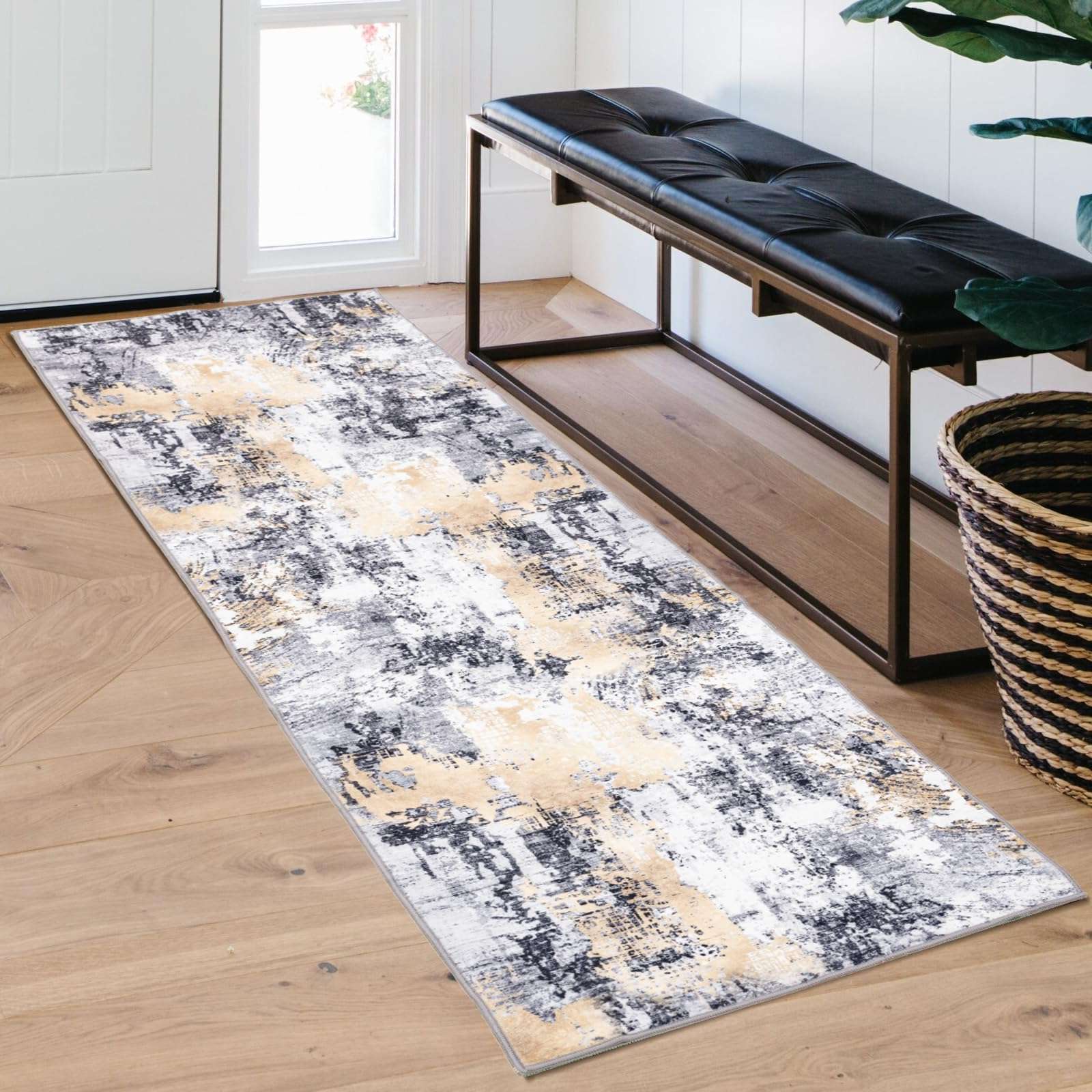 nusoarug 2x7 Runner Rug, 2' x 7' Modern Machine Washable Carpet Abstract Non-Slip Area Rugs with Rubber Backing for Bedroom Kitchen Entryway Living Room Bathroom, Yellow&Black 1