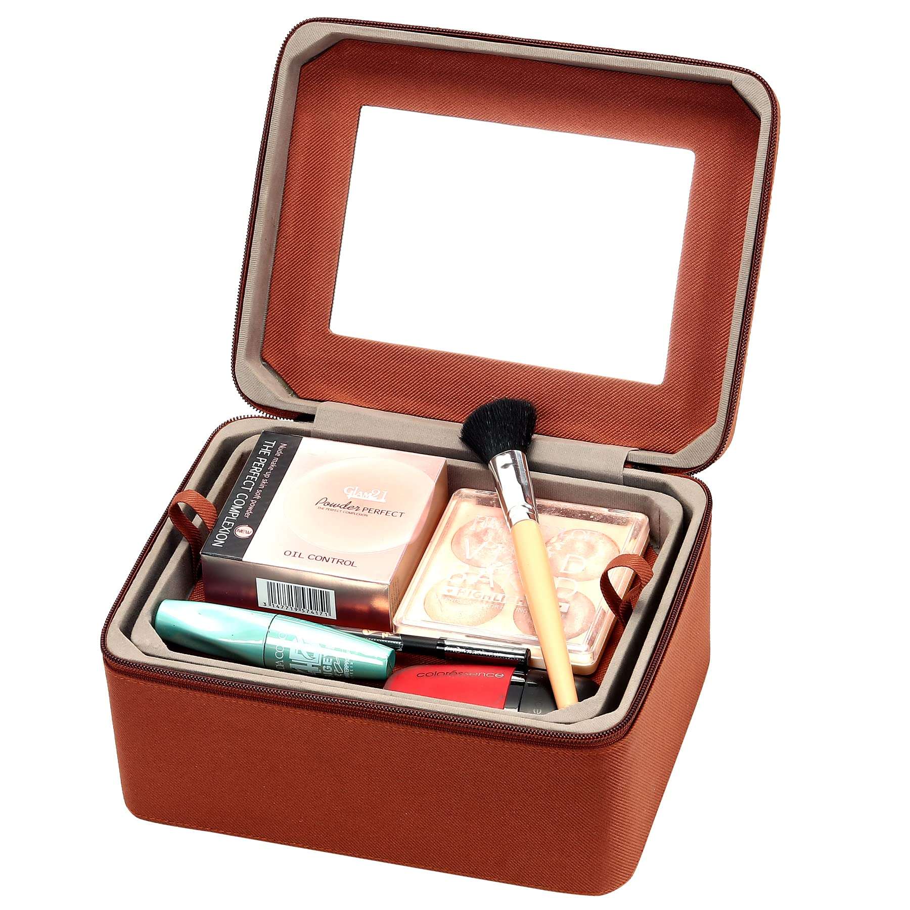 FADAK Makeup Cosmetic Box for Wedding Makeup Box Jewelry Bridal Box Trousseau Box Vanity Beauty Case Large Vanity Box Vanity Bag with Dividers for Brushes Travel Cosmetic Organizer Bag (Brown) 6