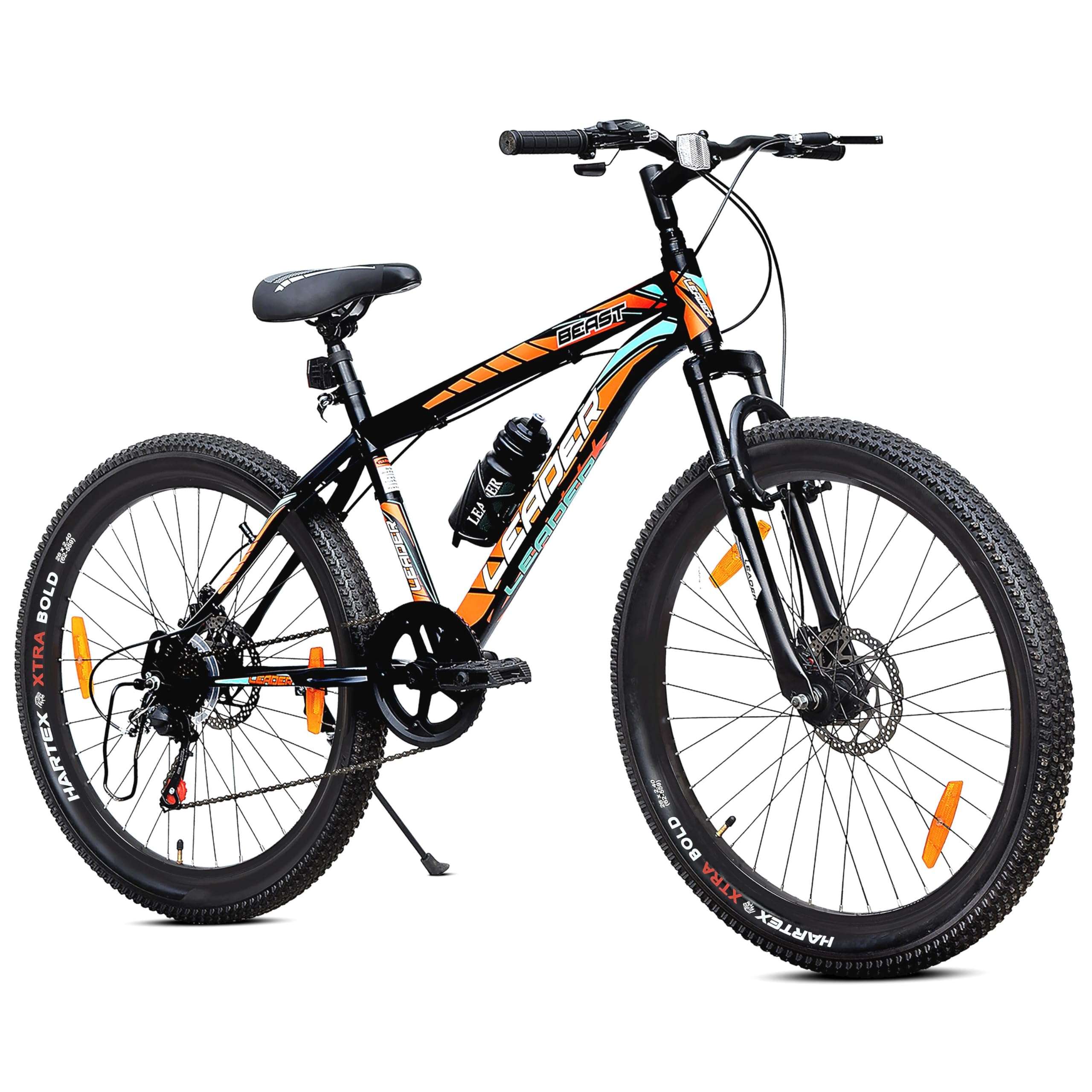 Leader Beast 24T 7-Speed Kids MTB Cycle | Kids Cycle with Sturdy 16 Inch Frame | Gear Bicycle with Front Suspension & Dual Disc Brakes | Ideal for Kids 9-13 Years (Black/Orange) 1