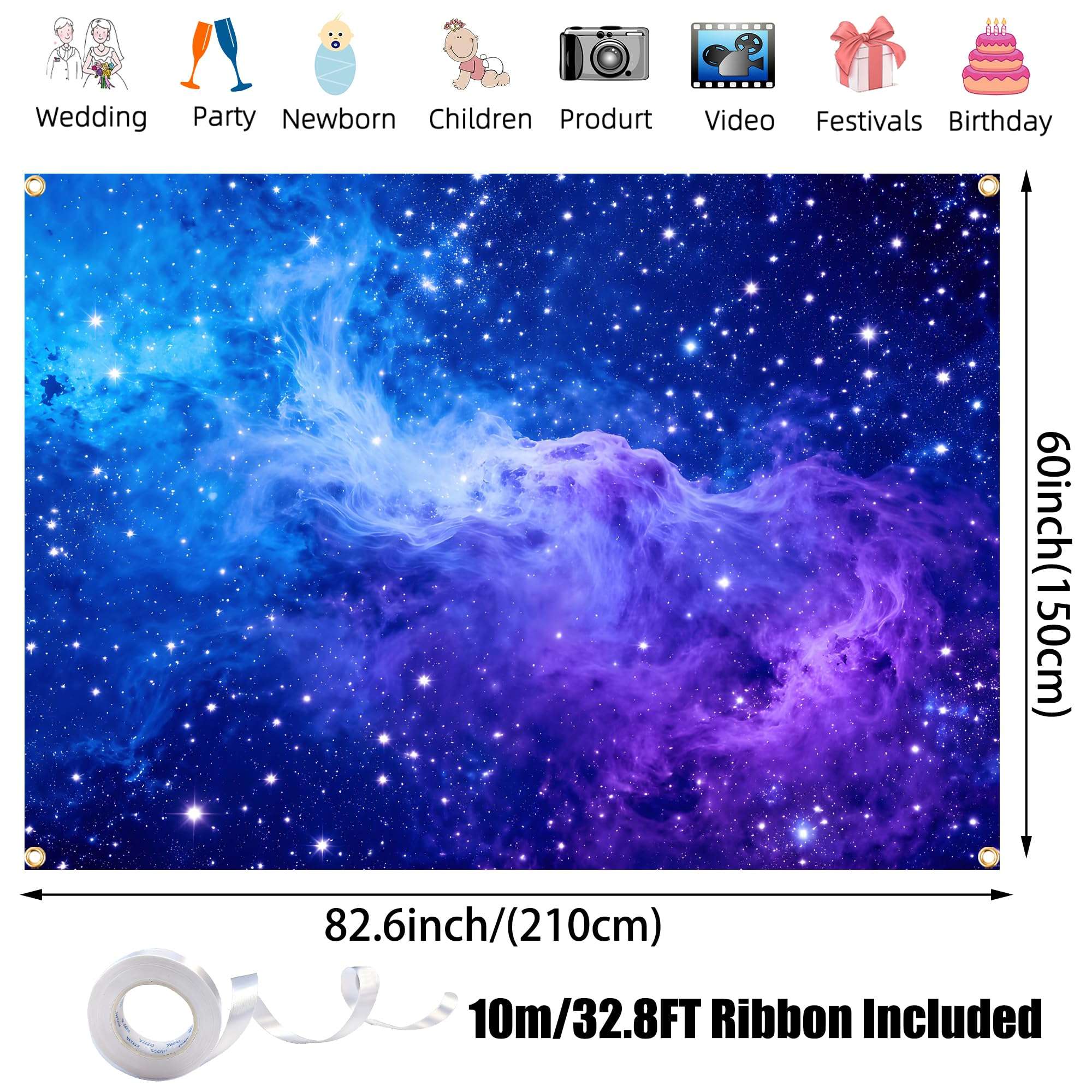 Galaxy Backdrop 7x5ft Starry Sky Universe Space Nebula Photo Background – Cosmic Galaxy Wall Hanging for Bedroom Decor & Party Decorations with Ribbon, Polyester Fabric 4