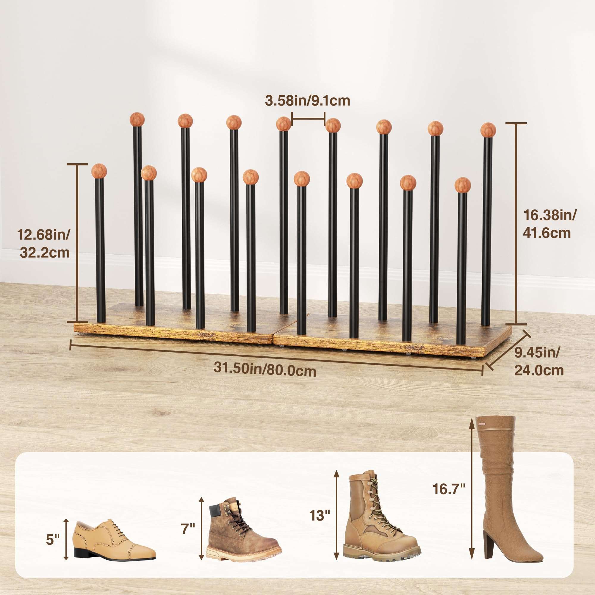 pickpiff Boot Rack 8-Pair with Cedar Balls 16.4'' Tall Shoe Organizer Free standing Metal Holder with Wood Base 4
