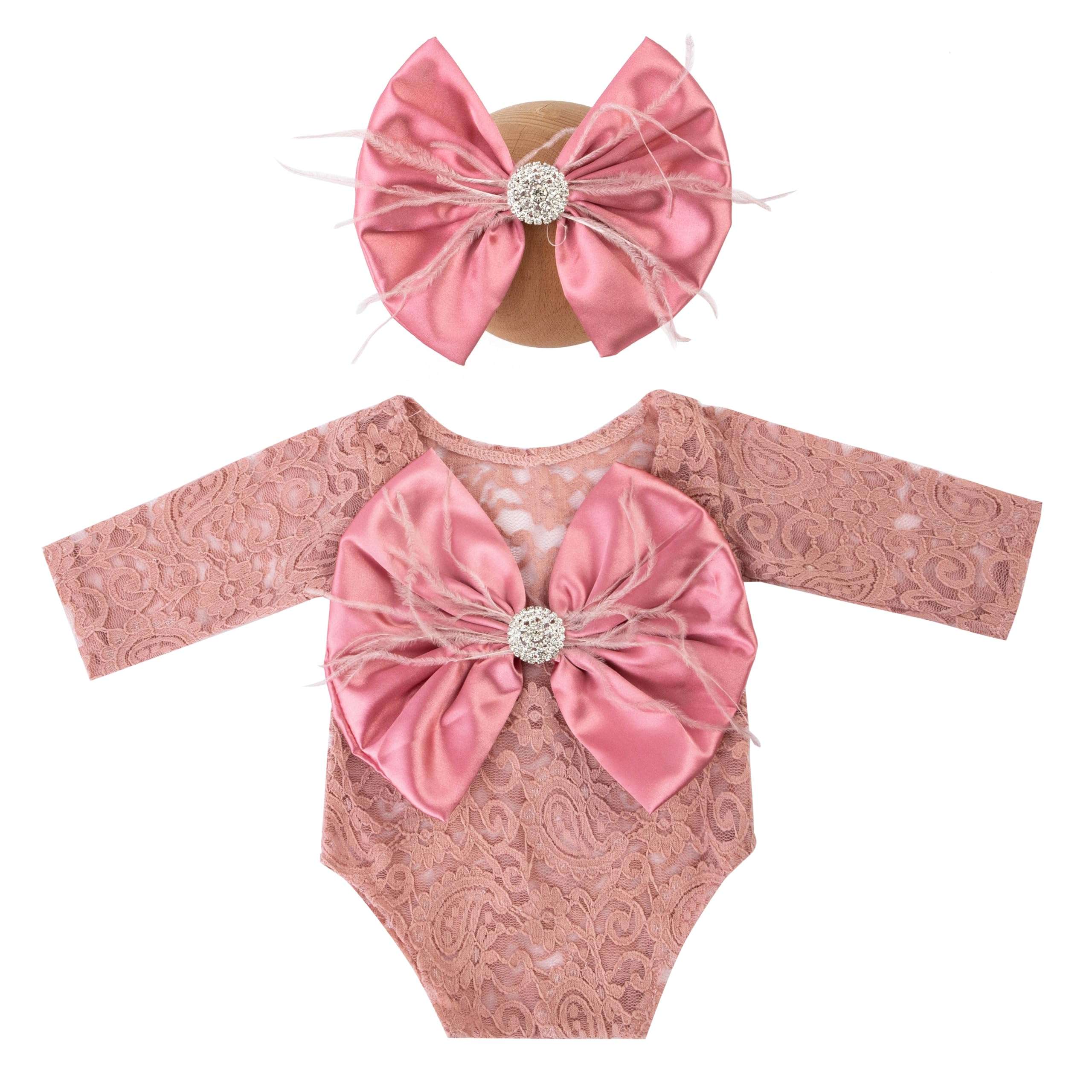 Newborn Photography Props, Infant Girl Photoshoot Lace Romper & Bow Headband Outfit, Cute Baby Photo Props for Newborns (Dusty Pink) 3